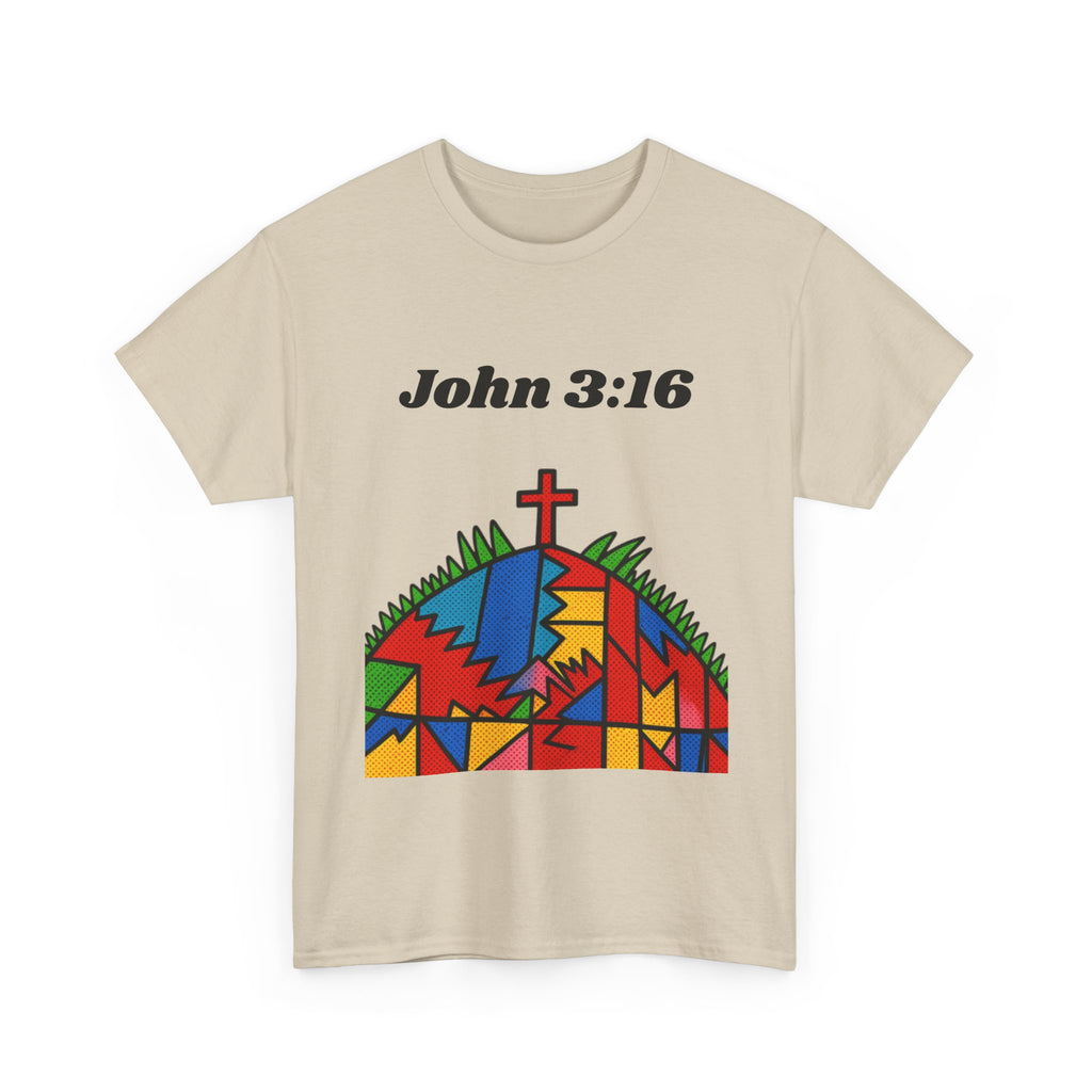 John 3:16 Christian T‑Shirt — Colorful Cross & Hill Faith Tee