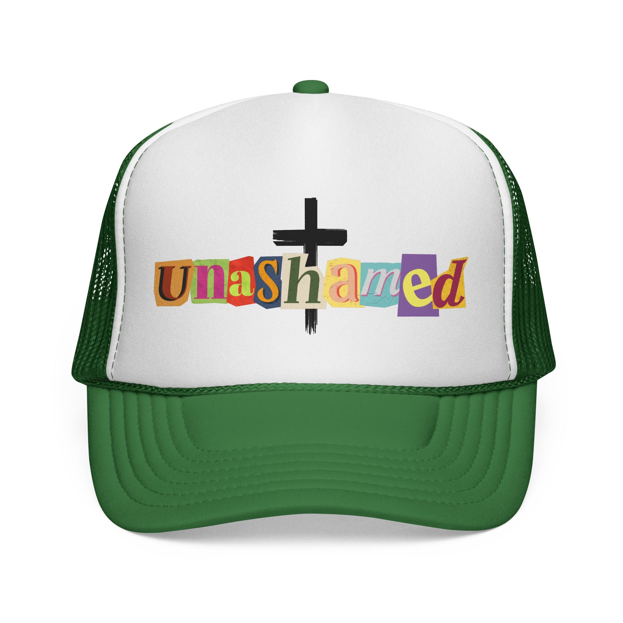 Unashamed Cross Trucker Hat — Bold Color Block Faith Cap