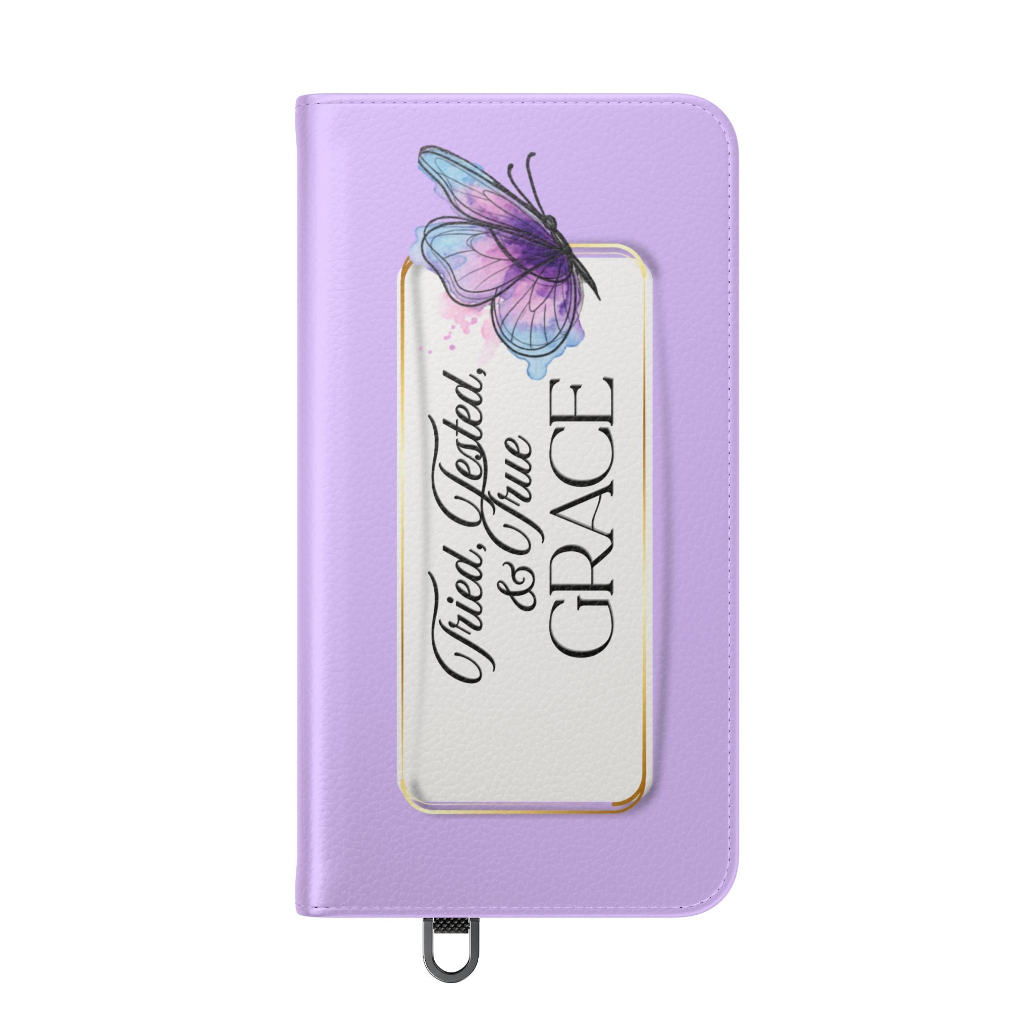 Lavender Flip Phone Case – “Tried, Tested, God’s Given Grace” Wallet Cover