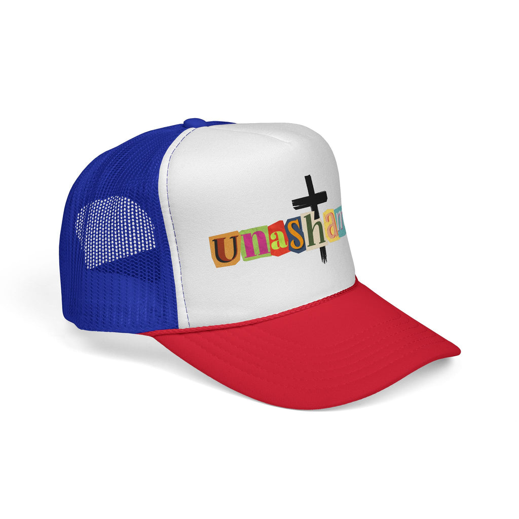 Unashamed Cross Trucker Hat — Bold Color Block Faith Cap