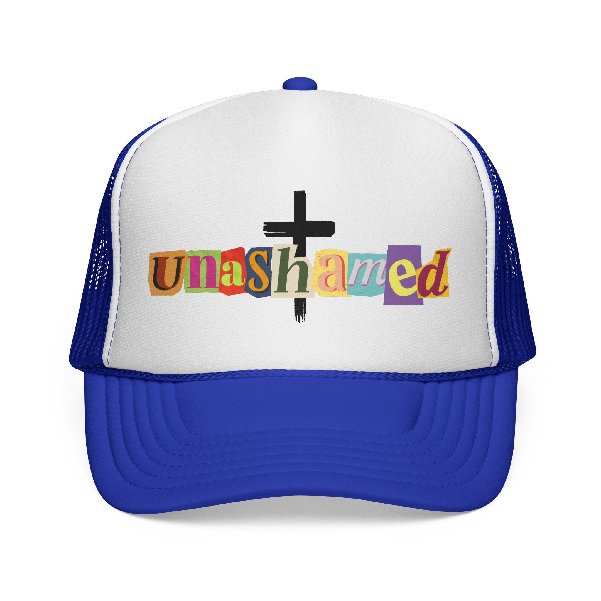 Unashamed Cross Trucker Hat — Bold Color Block Faith Cap