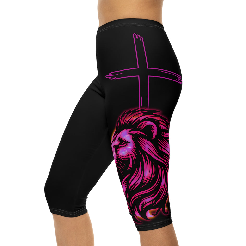 'Neon Lion & Cross' - Capri Leggings