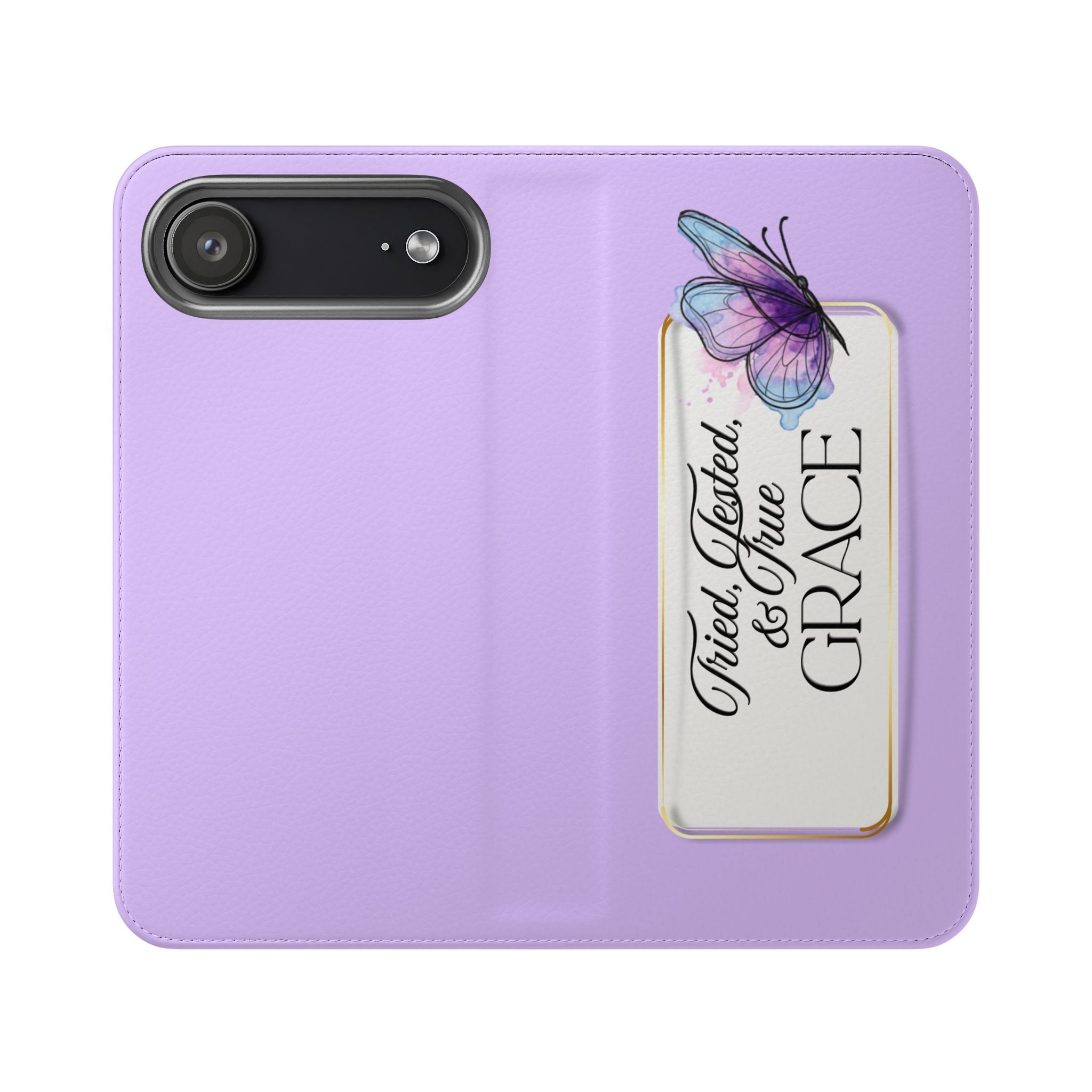 Lavender Flip Phone Case – “Tried, Tested, God’s Given Grace” Wallet Cover