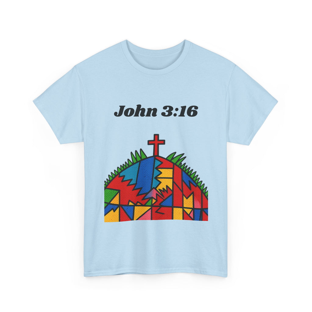 John 3:16 Christian T‑Shirt — Colorful Cross & Hill Faith Tee