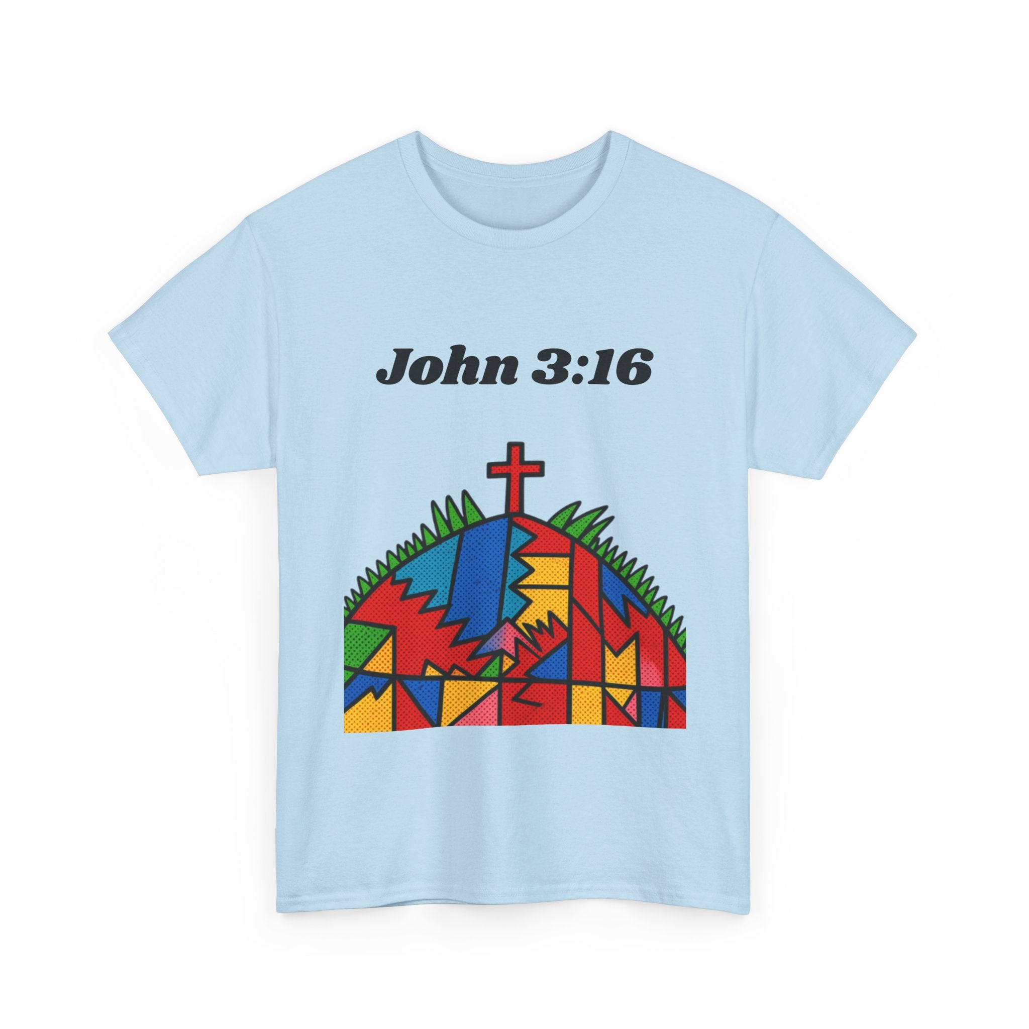 John 3:16 Christian T‑Shirt — Colorful Cross & Hill Faith Tee