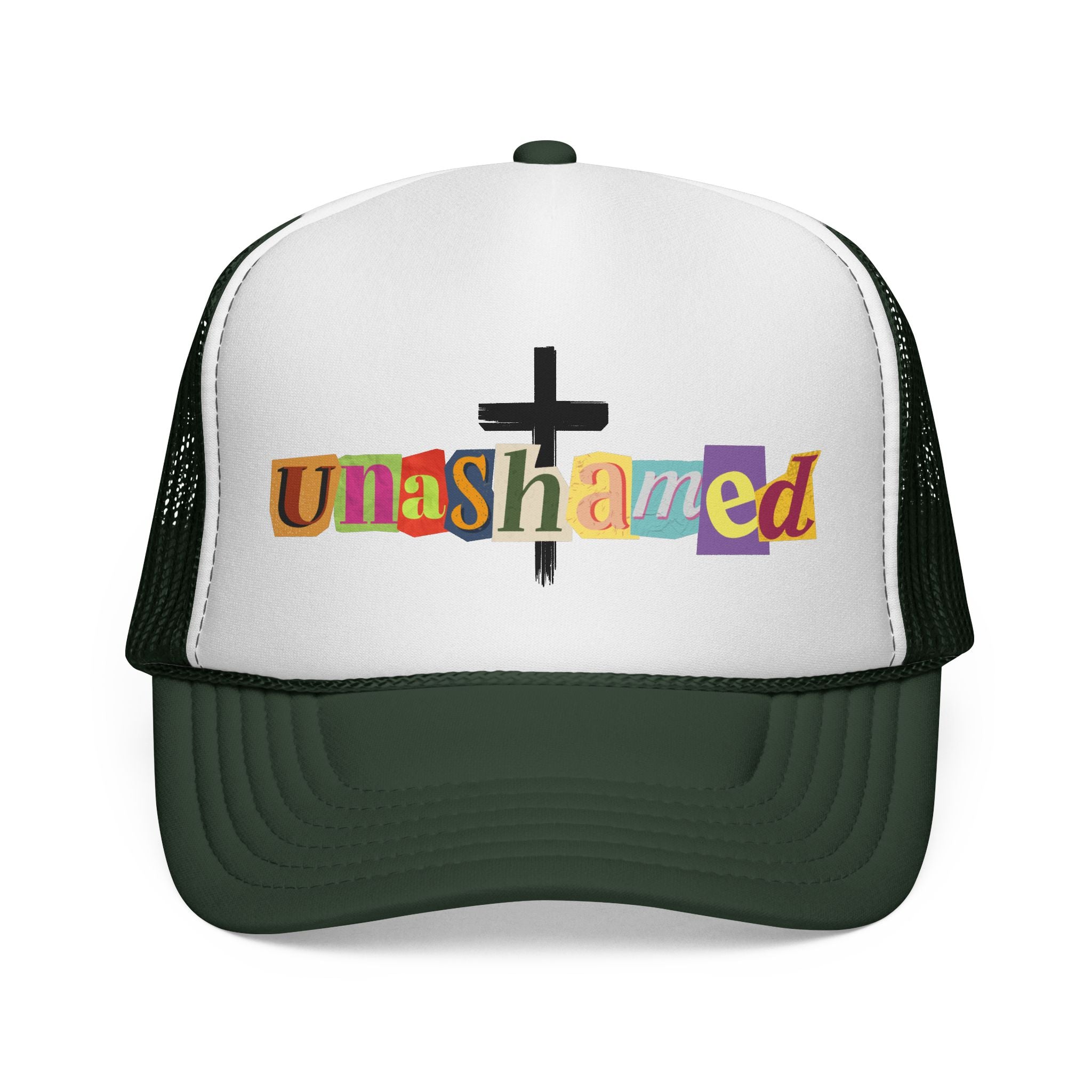 Unashamed Cross Trucker Hat — Bold Color Block Faith Cap