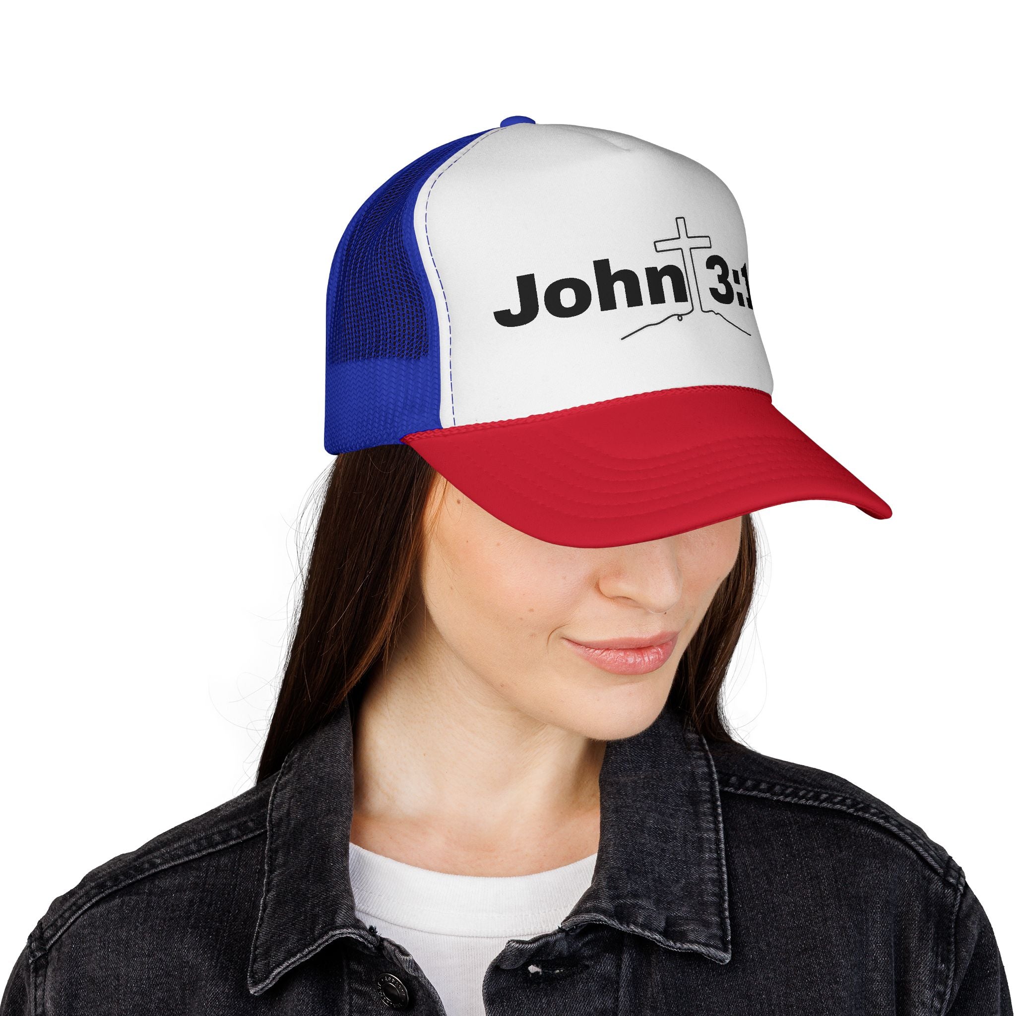 John 3:16 Trucker Hat — Christian Faith Mesh Cap with Cross