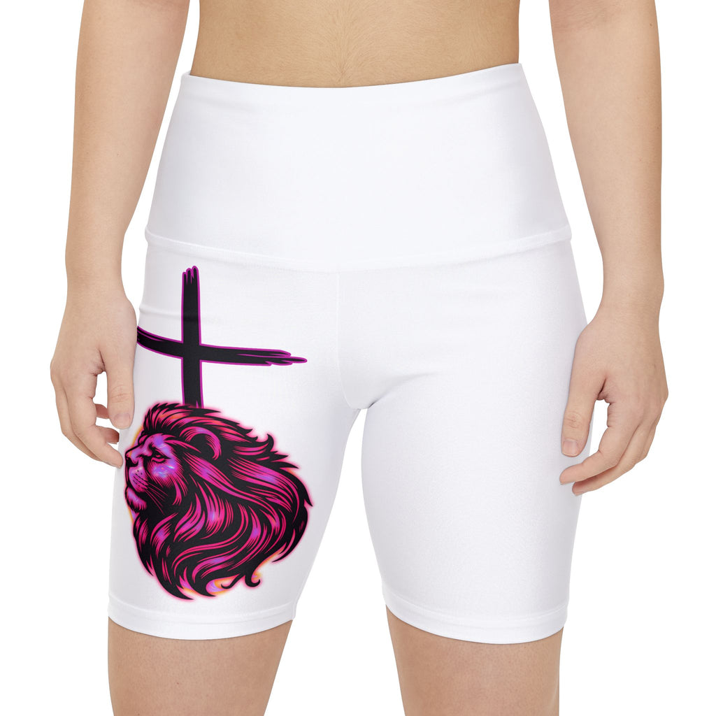 'Lion & Cross' Neon White - Women's Workout Shorts