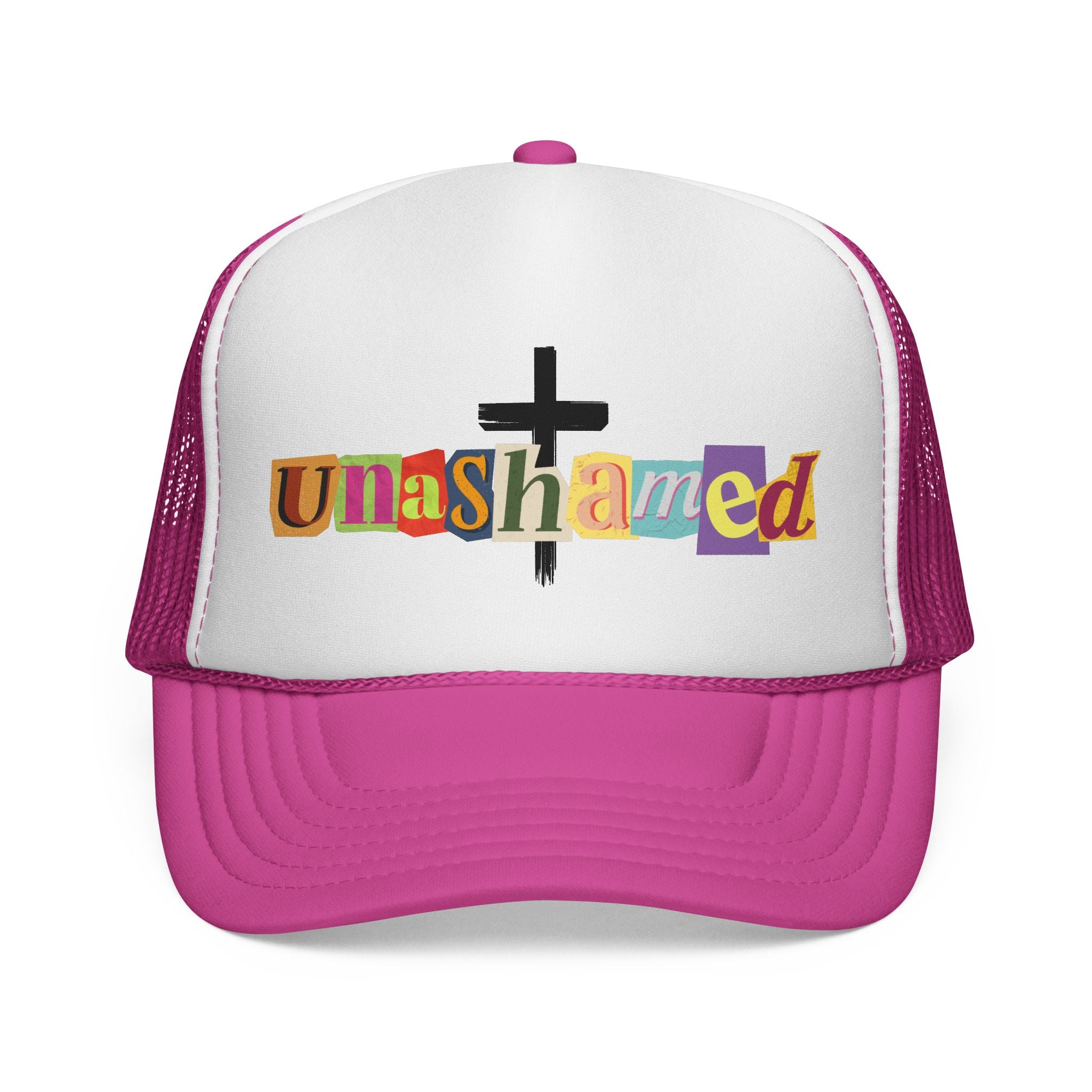 Unashamed Cross Trucker Hat — Bold Color Block Faith Cap