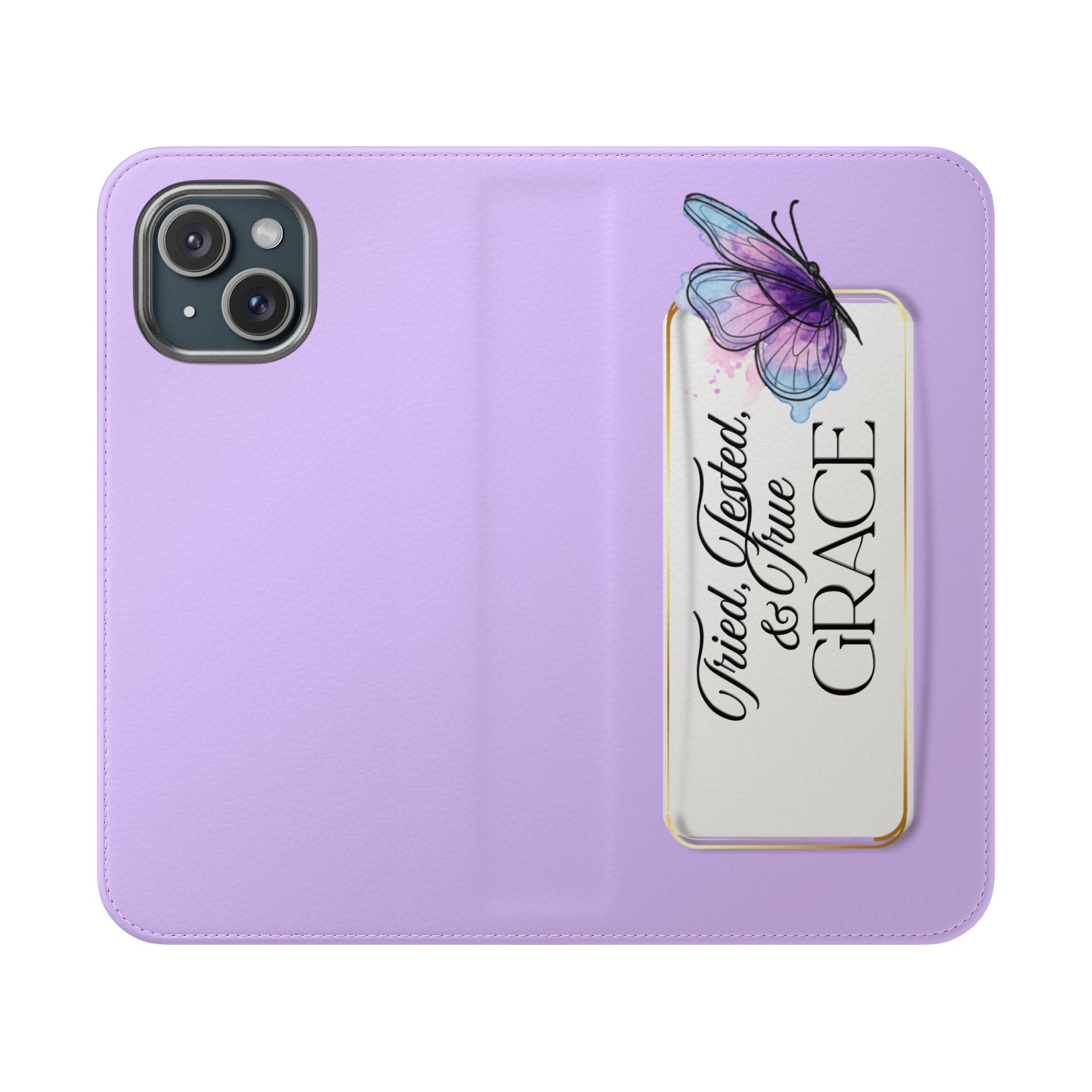 Lavender Flip Phone Case – “Tried, Tested, God’s Given Grace” Wallet Cover