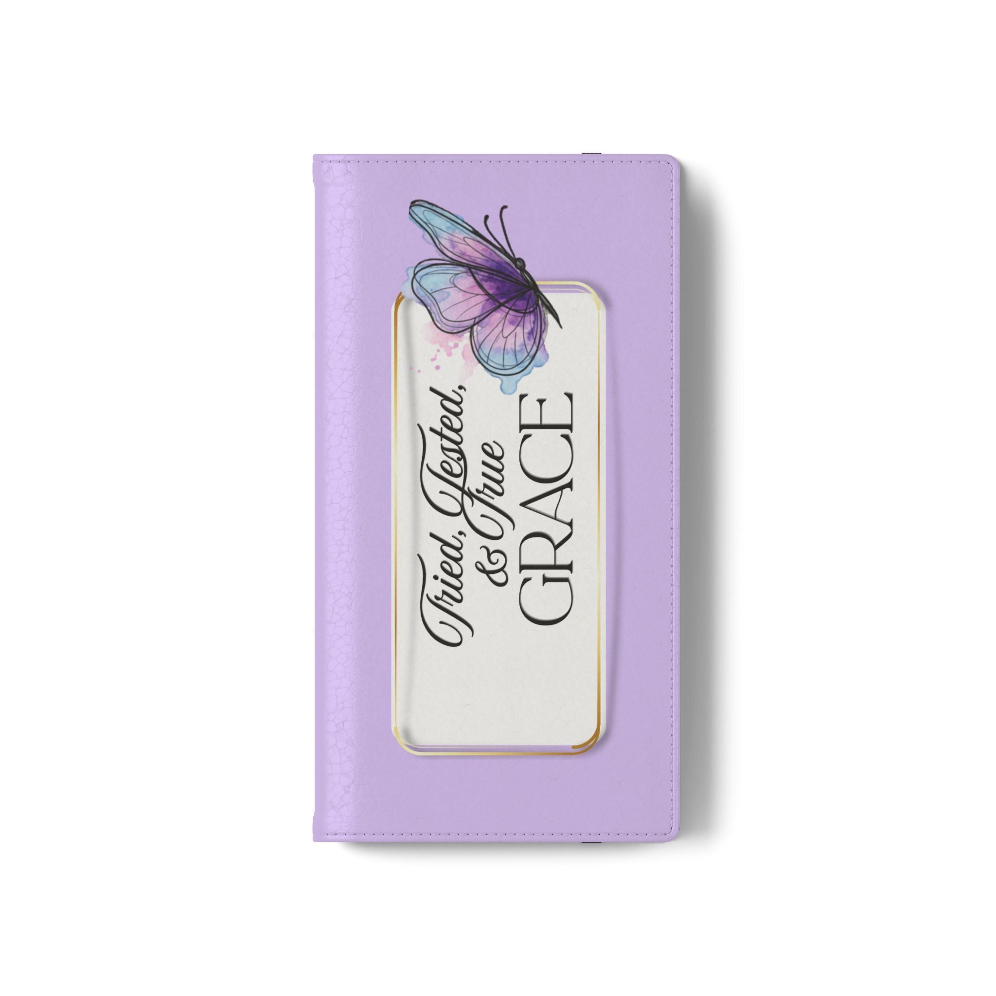 Lavender Flip Phone Case – “Tried, Tested, God’s Given Grace” Wallet Cover