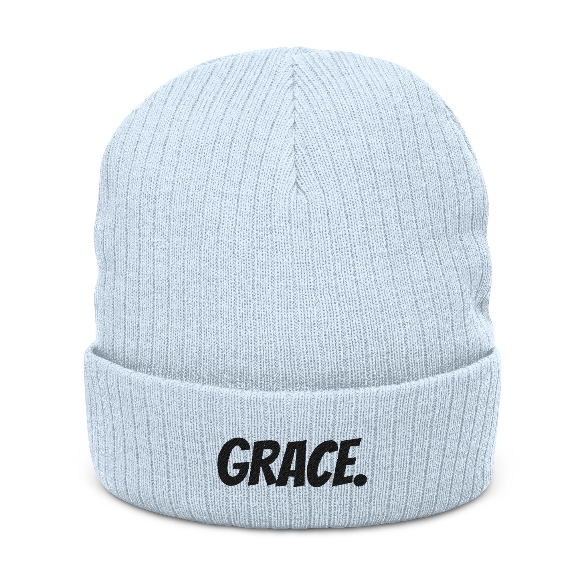 "GRACE." Embroidered Ribbed Knit Beanie