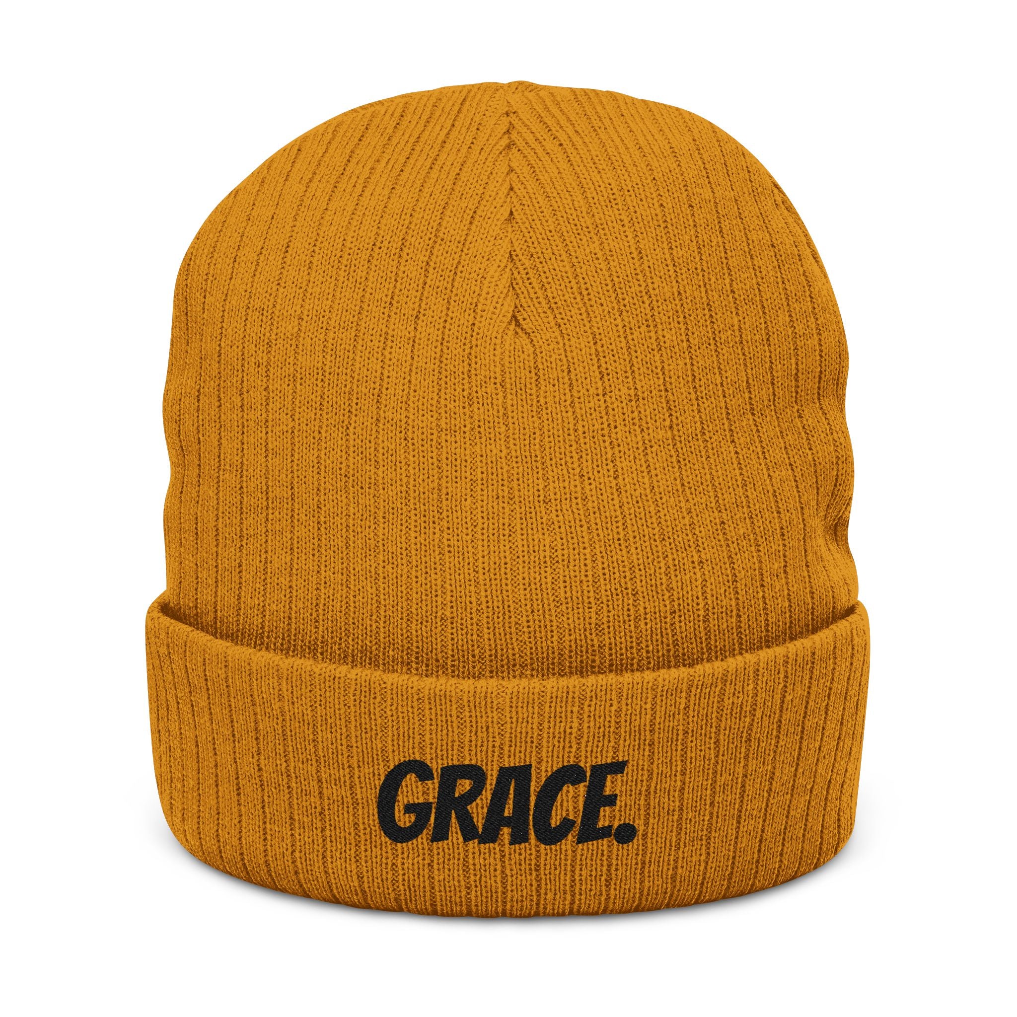 "GRACE." Embroidered Ribbed Knit Beanie