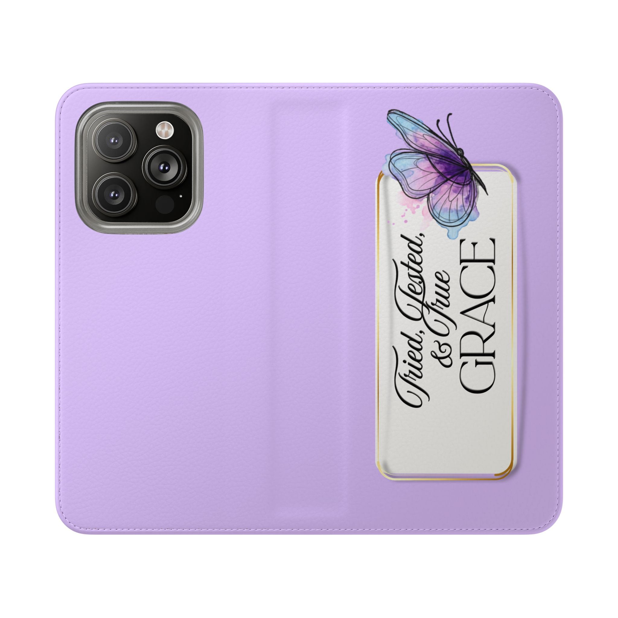 Lavender Flip Phone Case – “Tried, Tested, God’s Given Grace” Wallet Cover