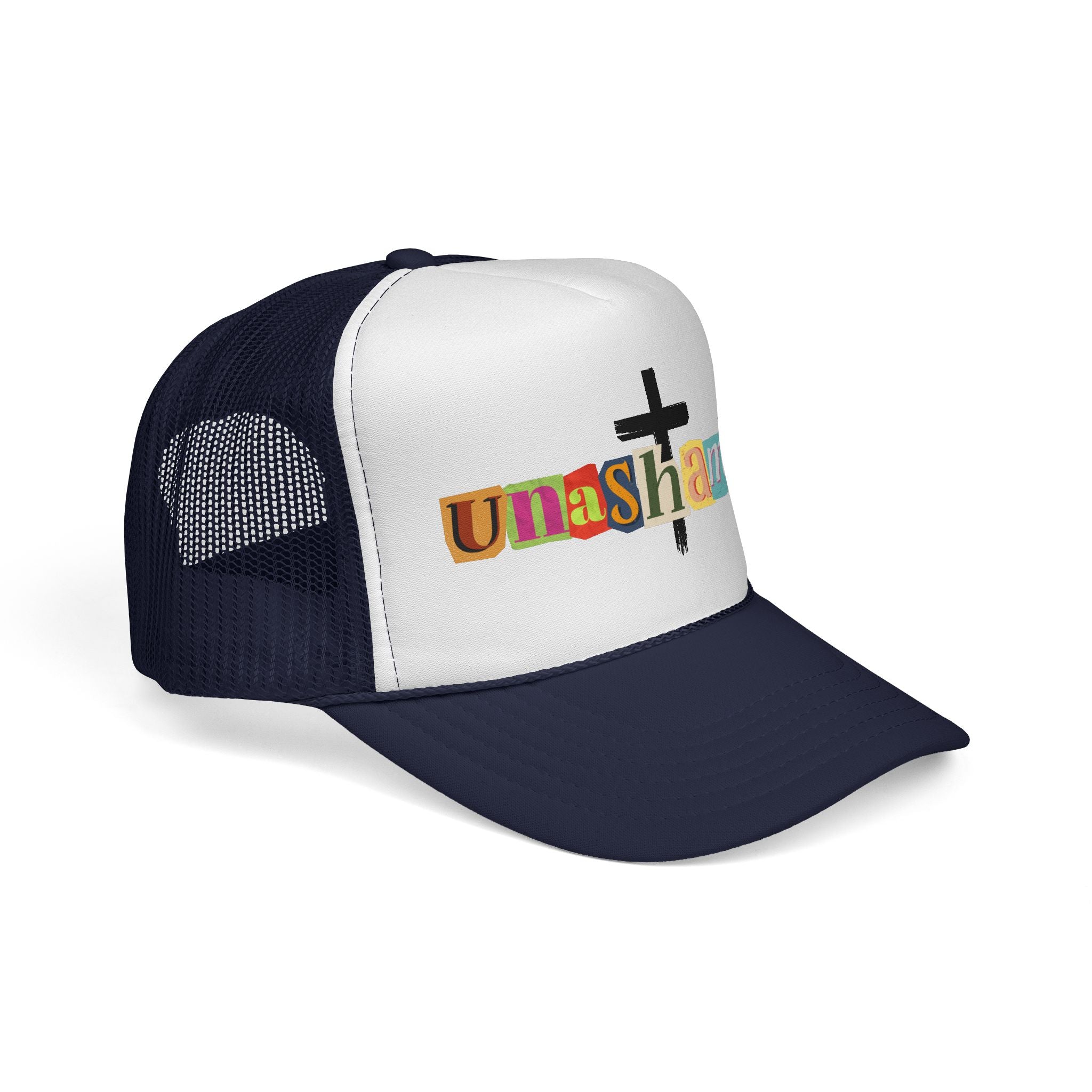Unashamed Cross Trucker Hat — Bold Color Block Faith Cap