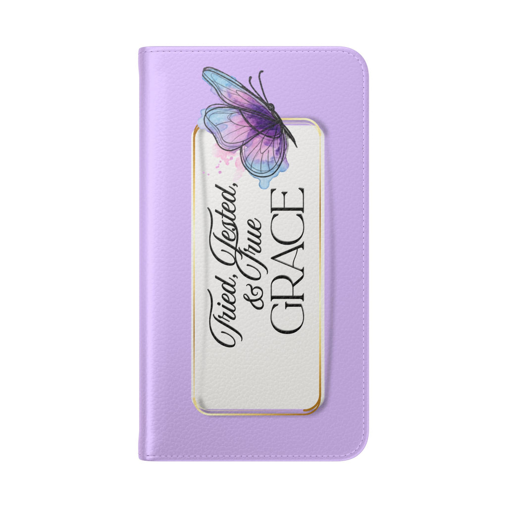 Lavender Flip Phone Case – “Tried, Tested, God’s Given Grace” Wallet Cover
