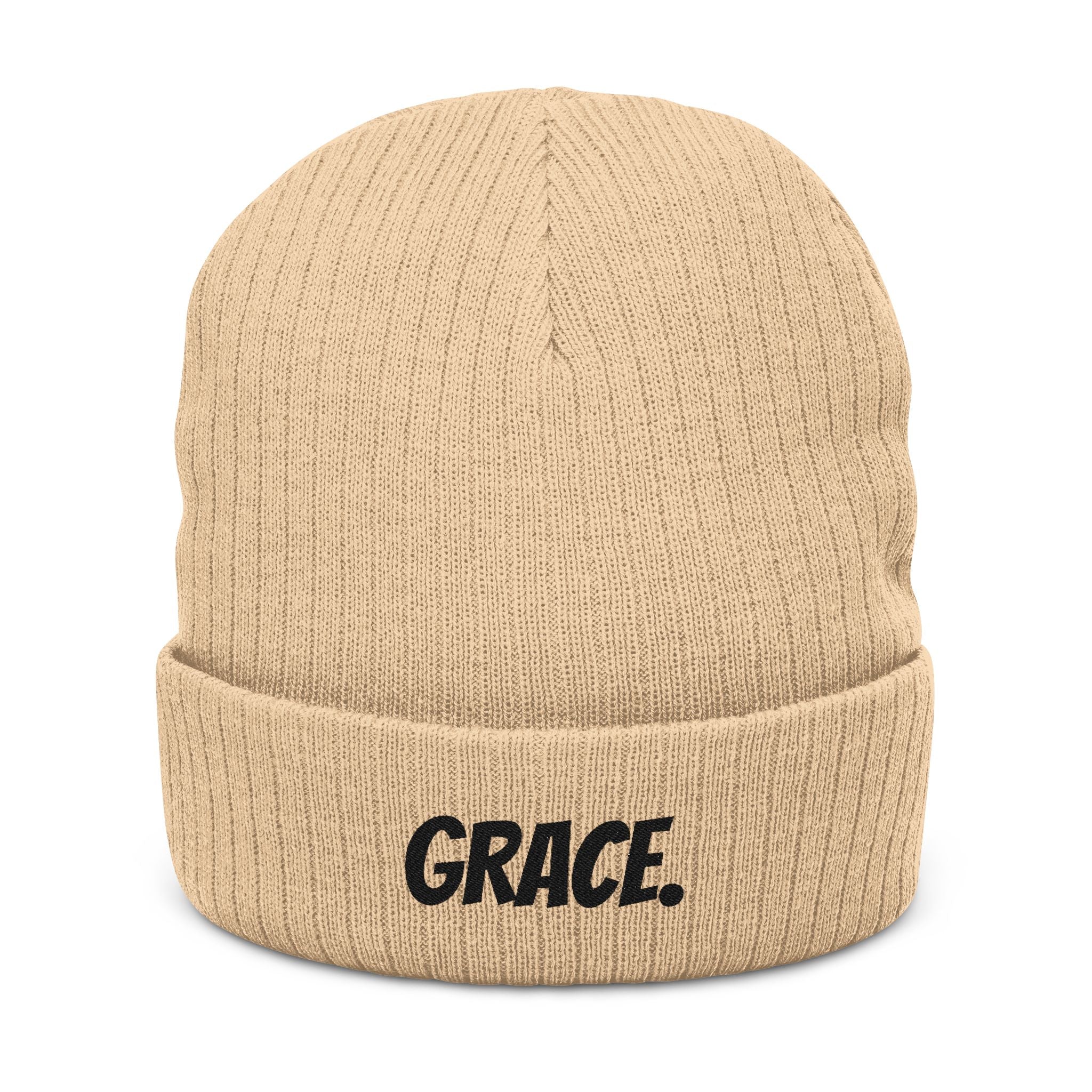 "GRACE." Embroidered Ribbed Knit Beanie