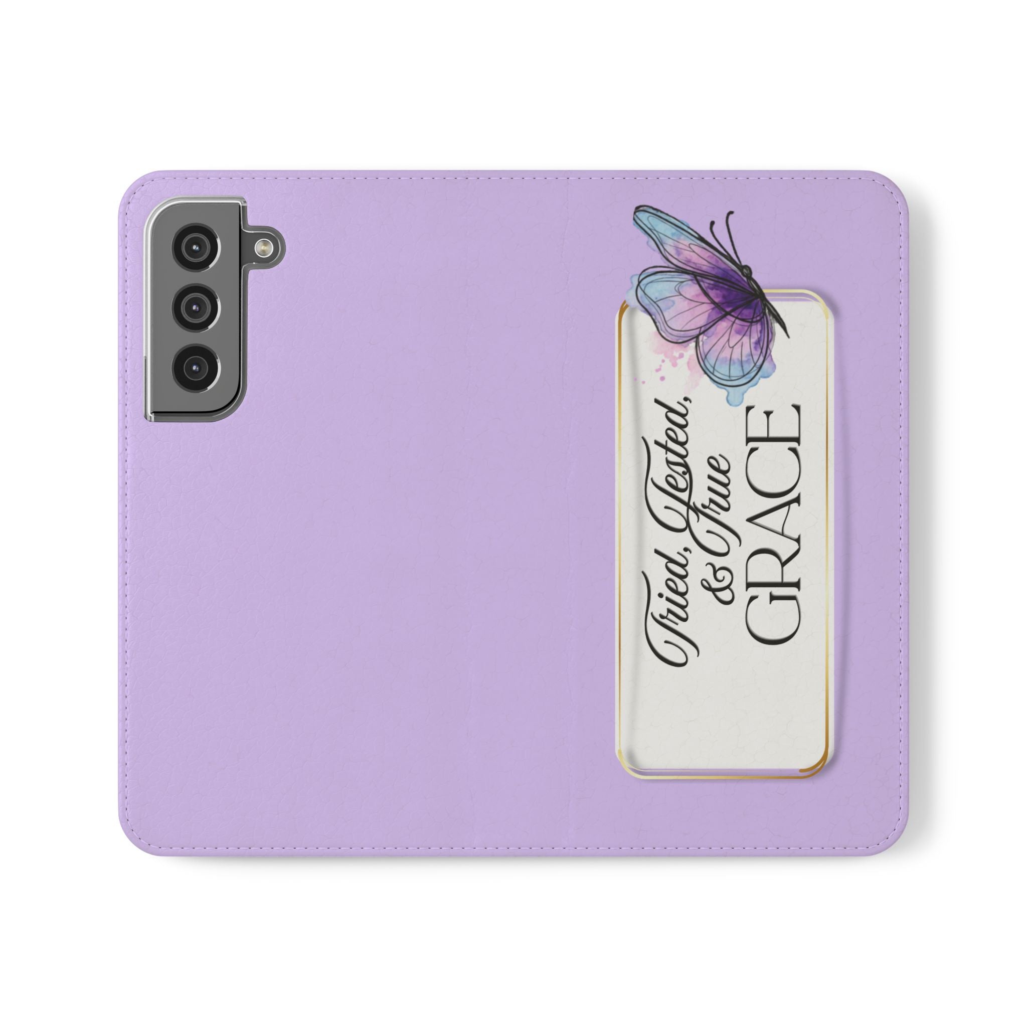Lavender Flip Phone Case – “Tried, Tested, God’s Given Grace” Wallet Cover