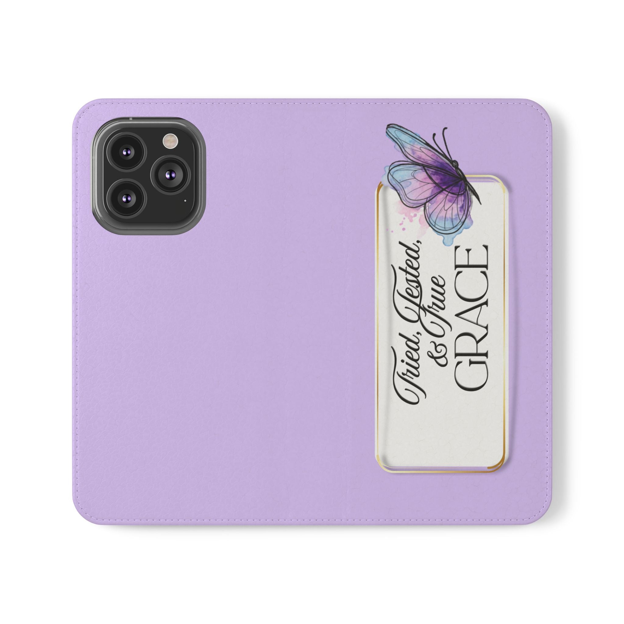 Lavender Flip Phone Case – “Tried, Tested, God’s Given Grace” Wallet Cover
