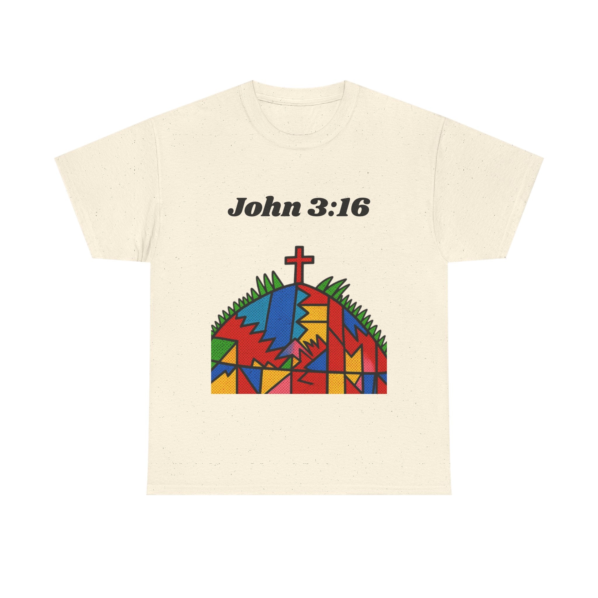 John 3:16 Christian T‑Shirt — Colorful Cross & Hill Faith Tee