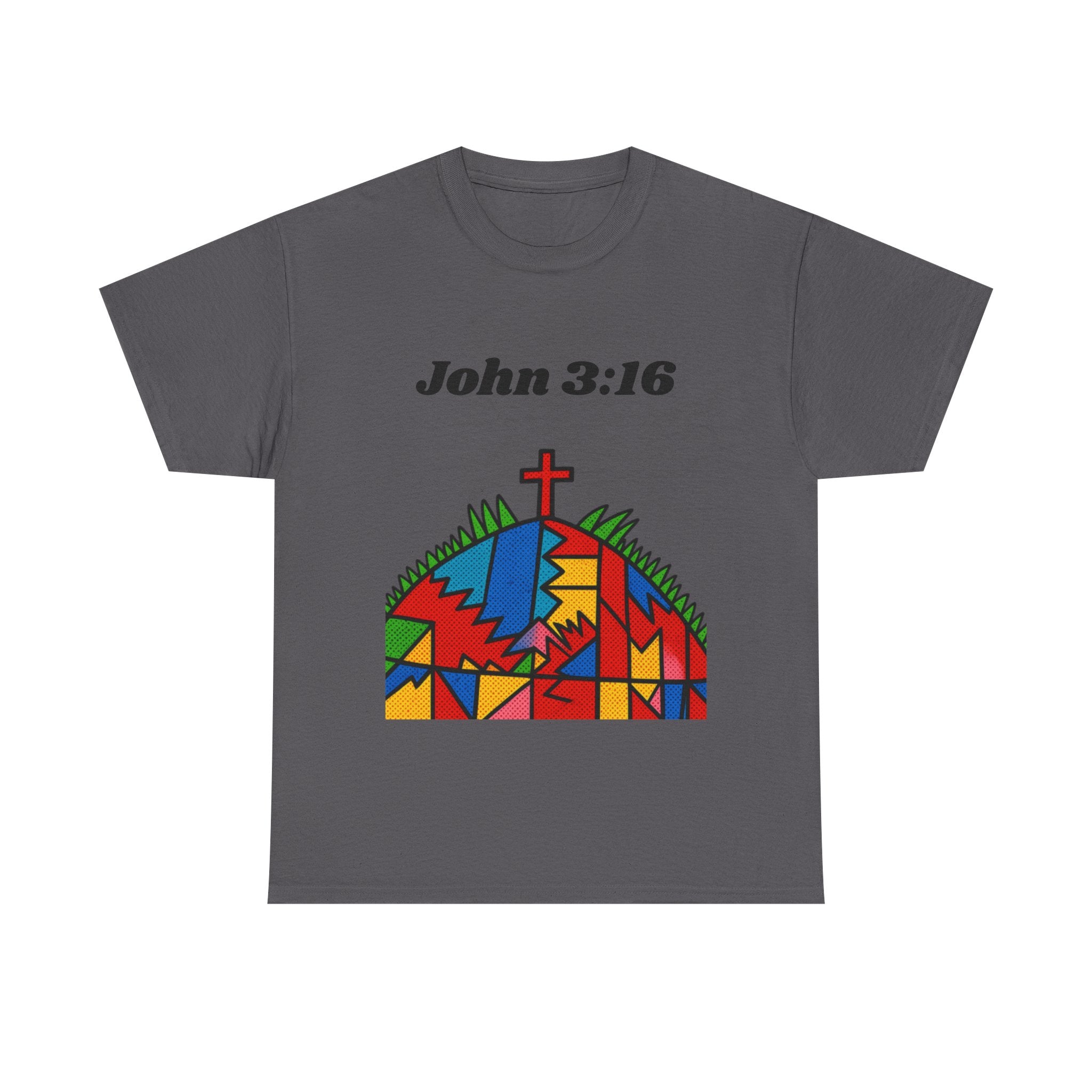 John 3:16 Christian T‑Shirt — Colorful Cross & Hill Faith Tee