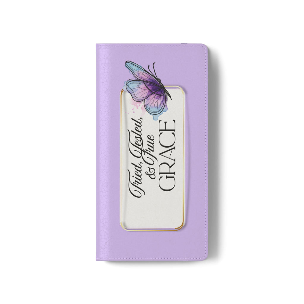 Lavender Flip Phone Case – “Tried, Tested, God’s Given Grace” Wallet Cover