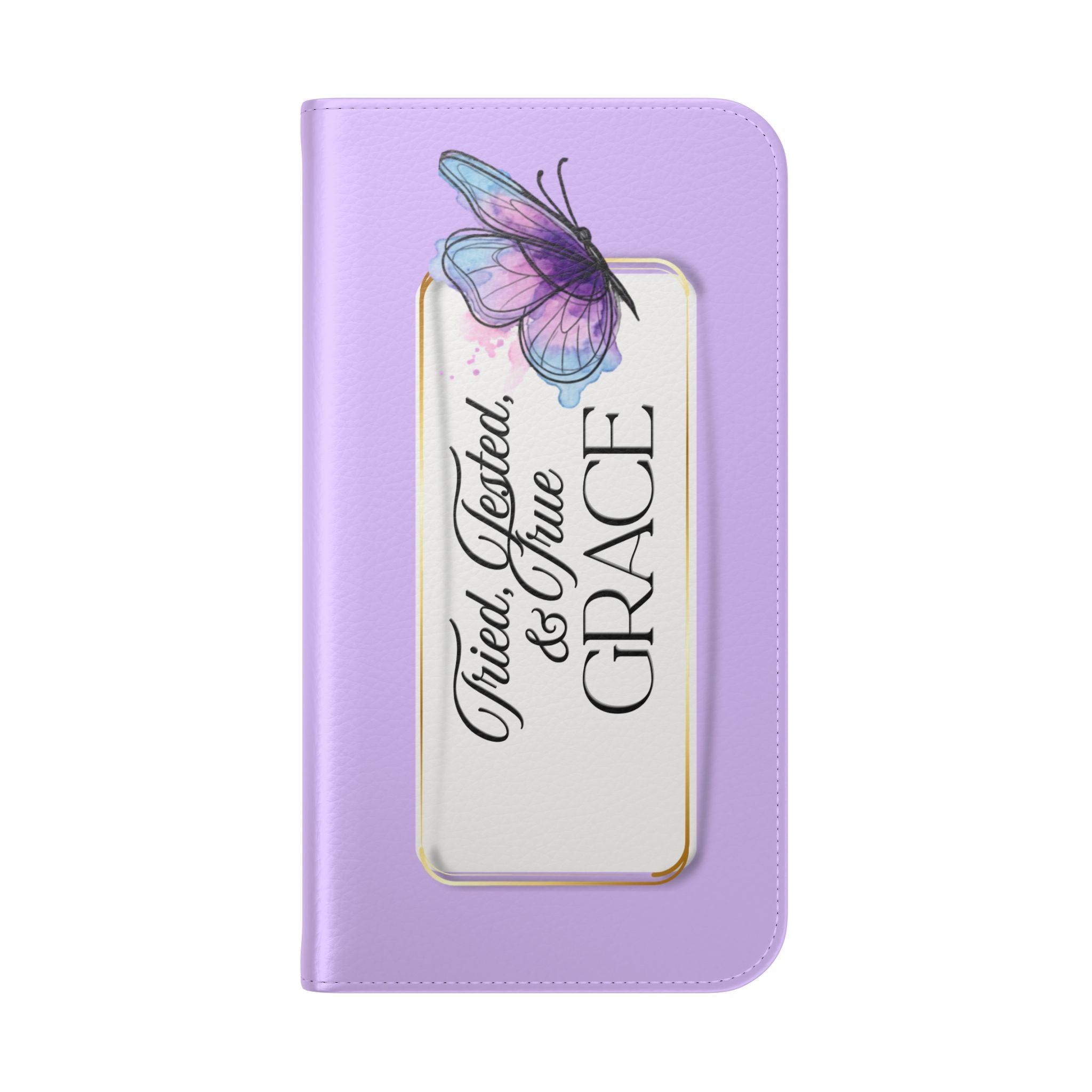 Lavender Flip Phone Case – “Tried, Tested, God’s Given Grace” Wallet Cover