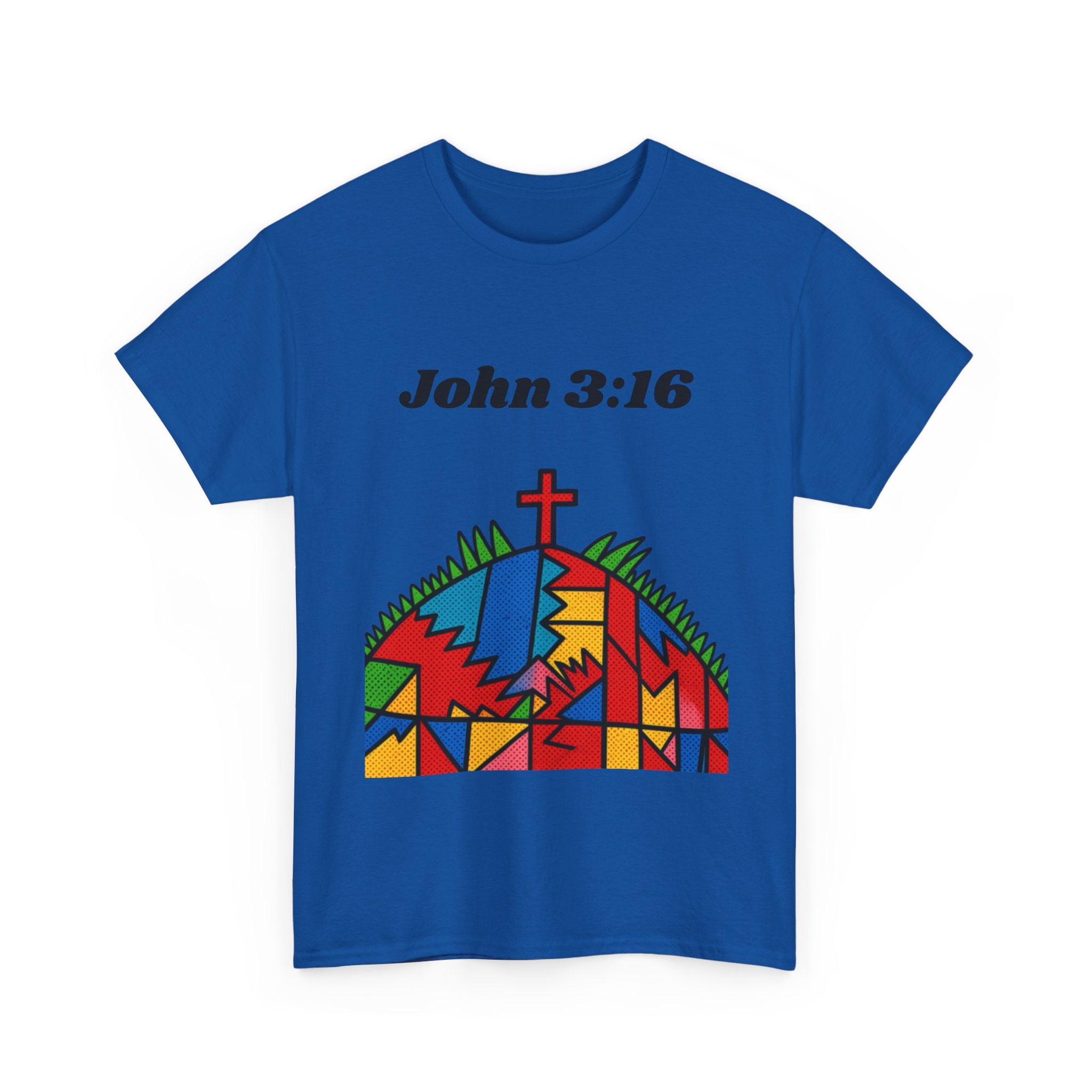 John 3:16 Christian T‑Shirt — Colorful Cross & Hill Faith Tee