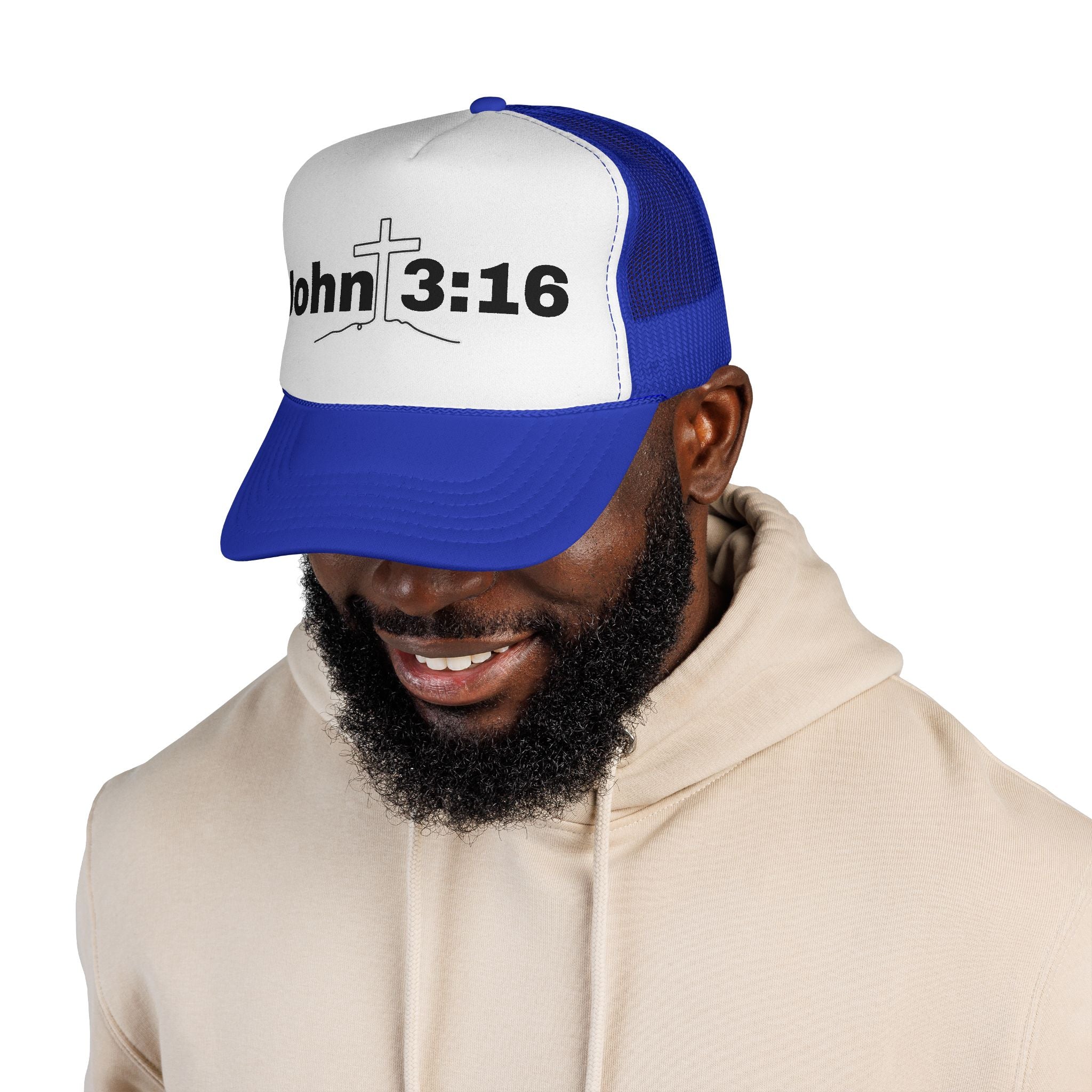 John 3:16 Trucker Hat — Christian Faith Mesh Cap with Cross