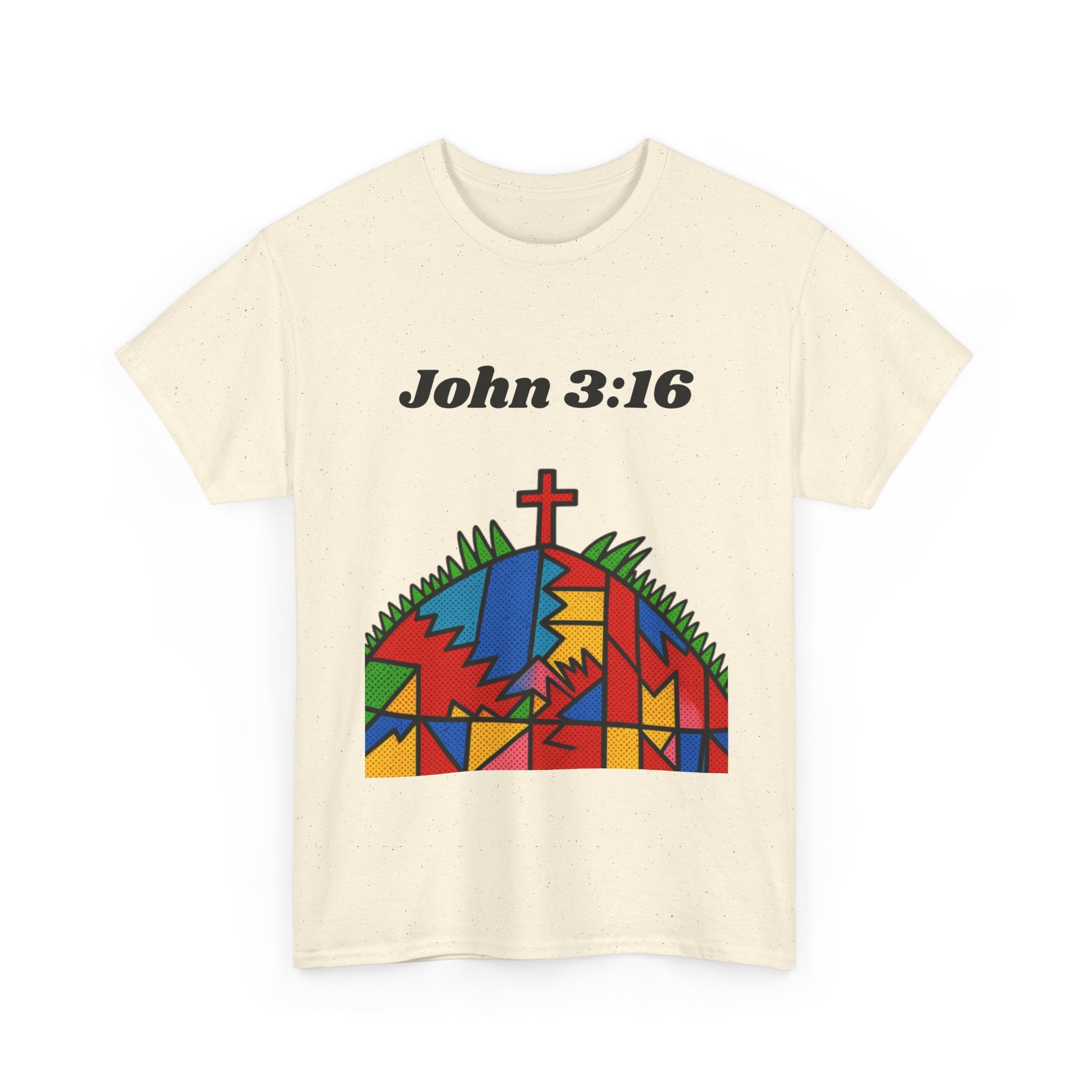 John 3:16 Christian T‑Shirt — Colorful Cross & Hill Faith Tee