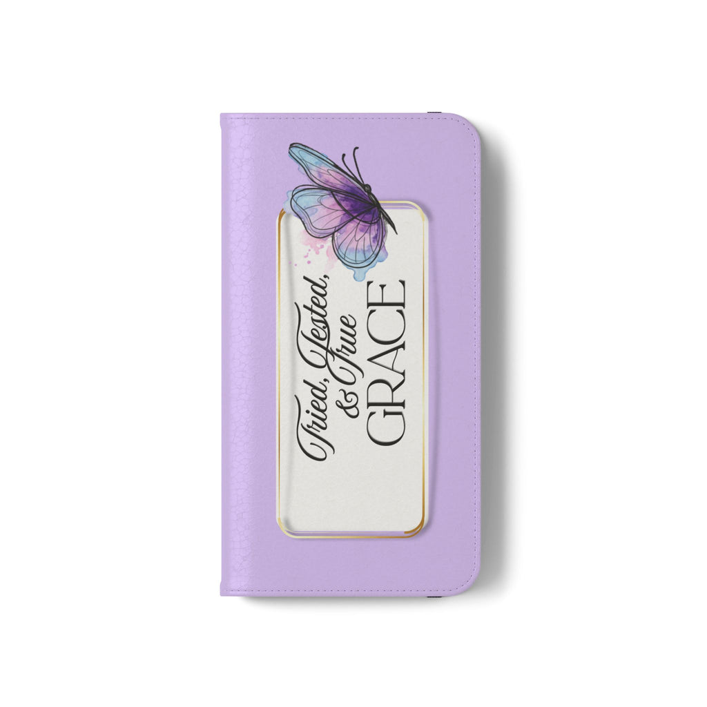 Lavender Flip Phone Case – “Tried, Tested, God’s Given Grace” Wallet Cover