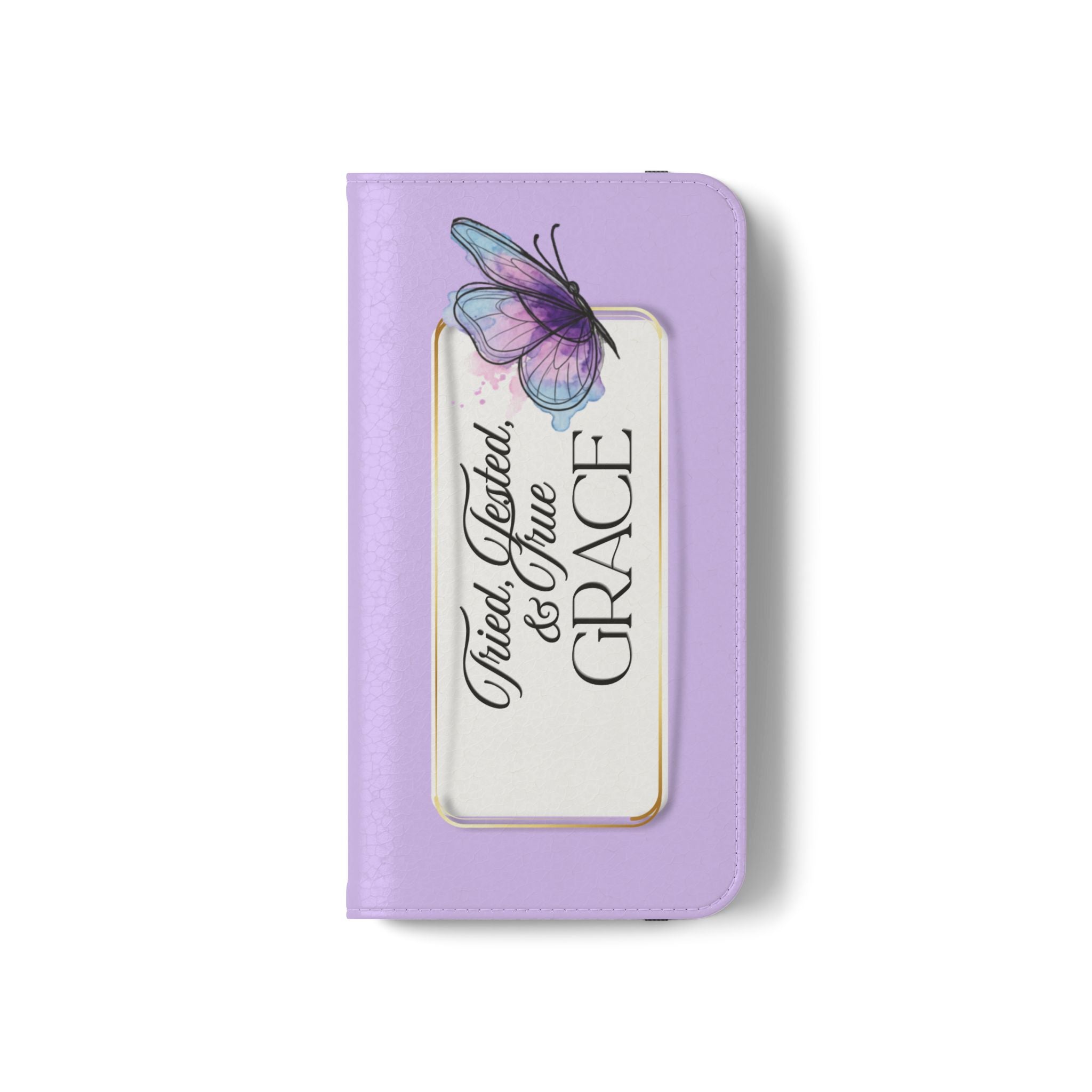 Lavender Flip Phone Case – “Tried, Tested, God’s Given Grace” Wallet Cover