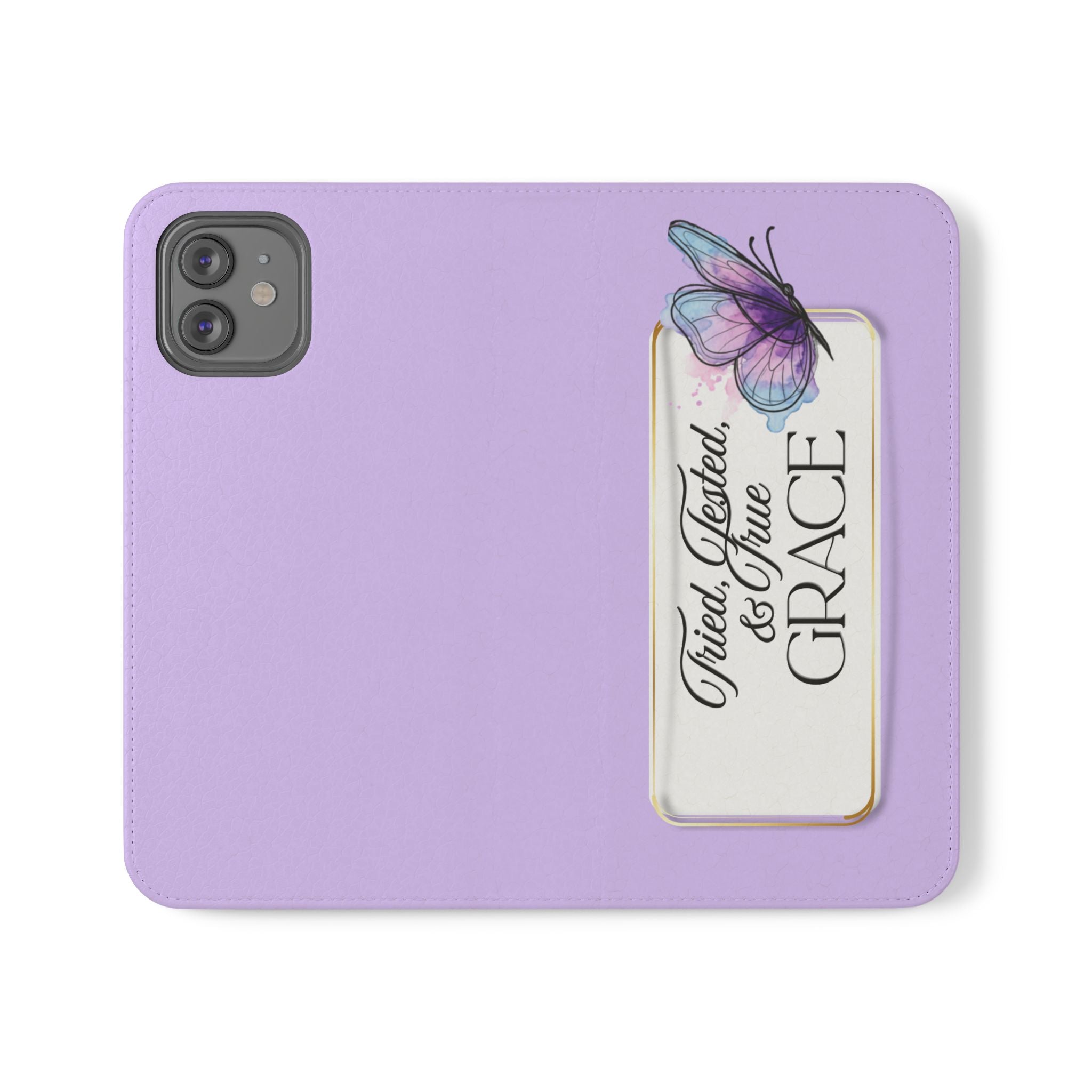 Lavender Flip Phone Case – “Tried, Tested, God’s Given Grace” Wallet Cover