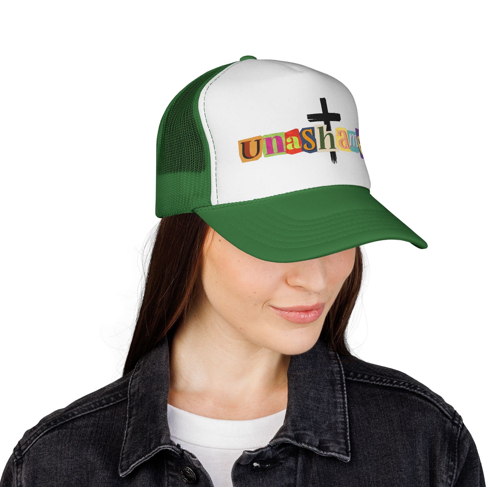 Unashamed Cross Trucker Hat — Bold Color Block Faith Cap