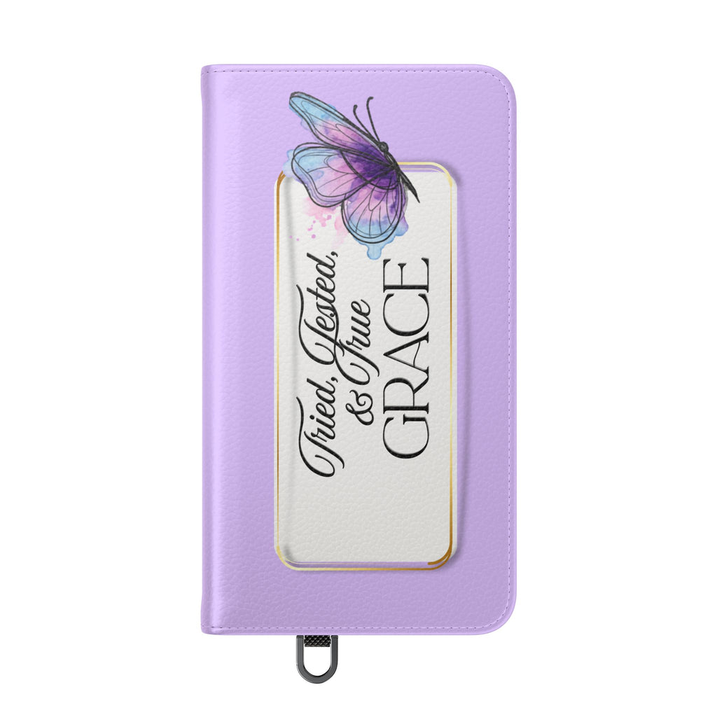 Lavender Flip Phone Case – “Tried, Tested, God’s Given Grace” Wallet Cover