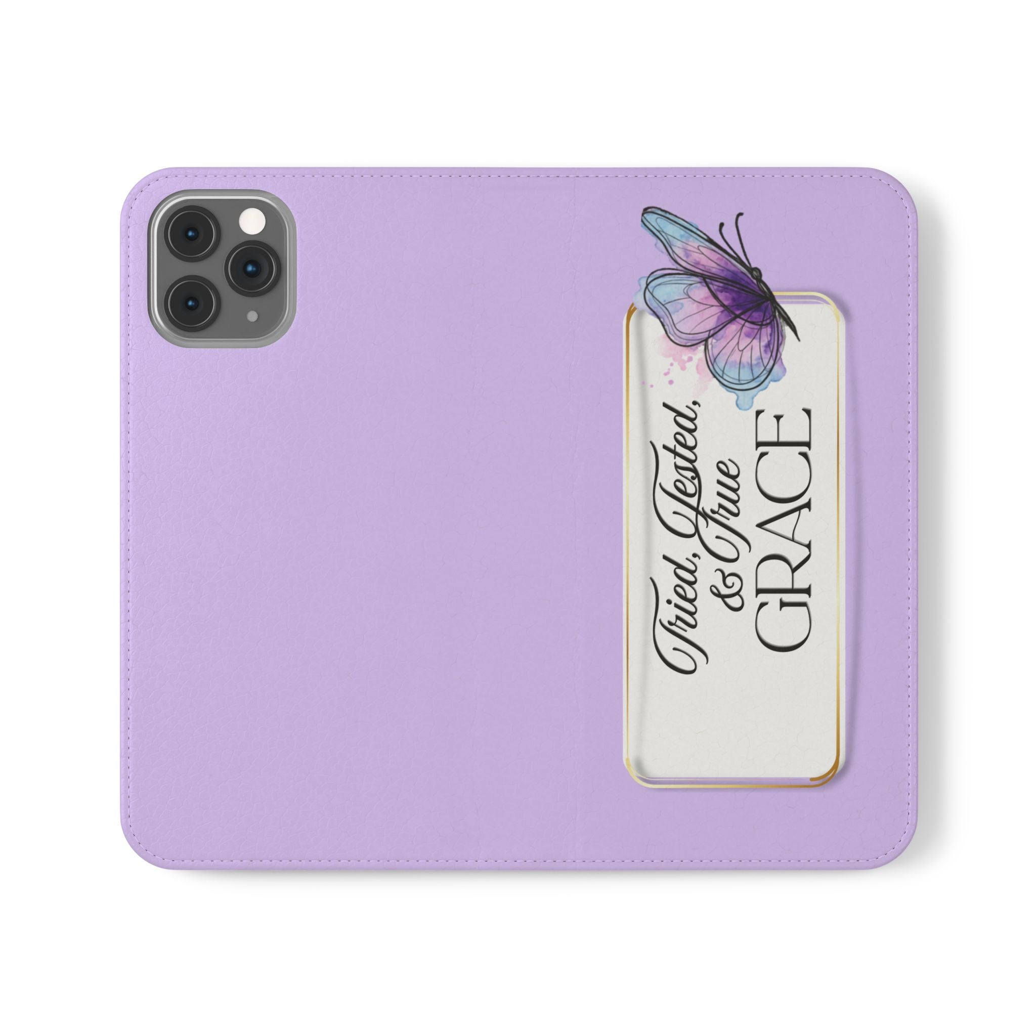 Lavender Flip Phone Case – “Tried, Tested, God’s Given Grace” Wallet Cover