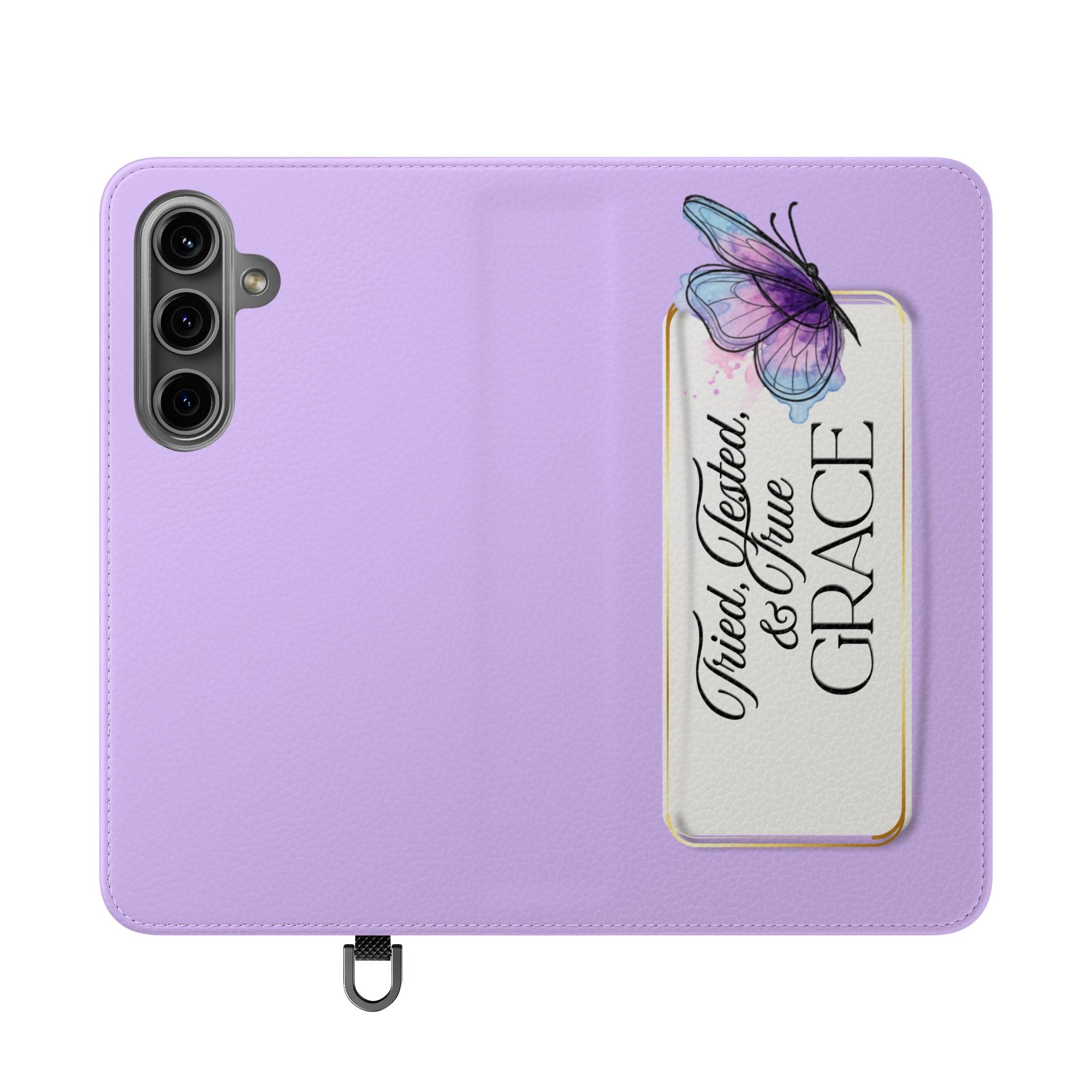 Lavender Flip Phone Case – “Tried, Tested, God’s Given Grace” Wallet Cover