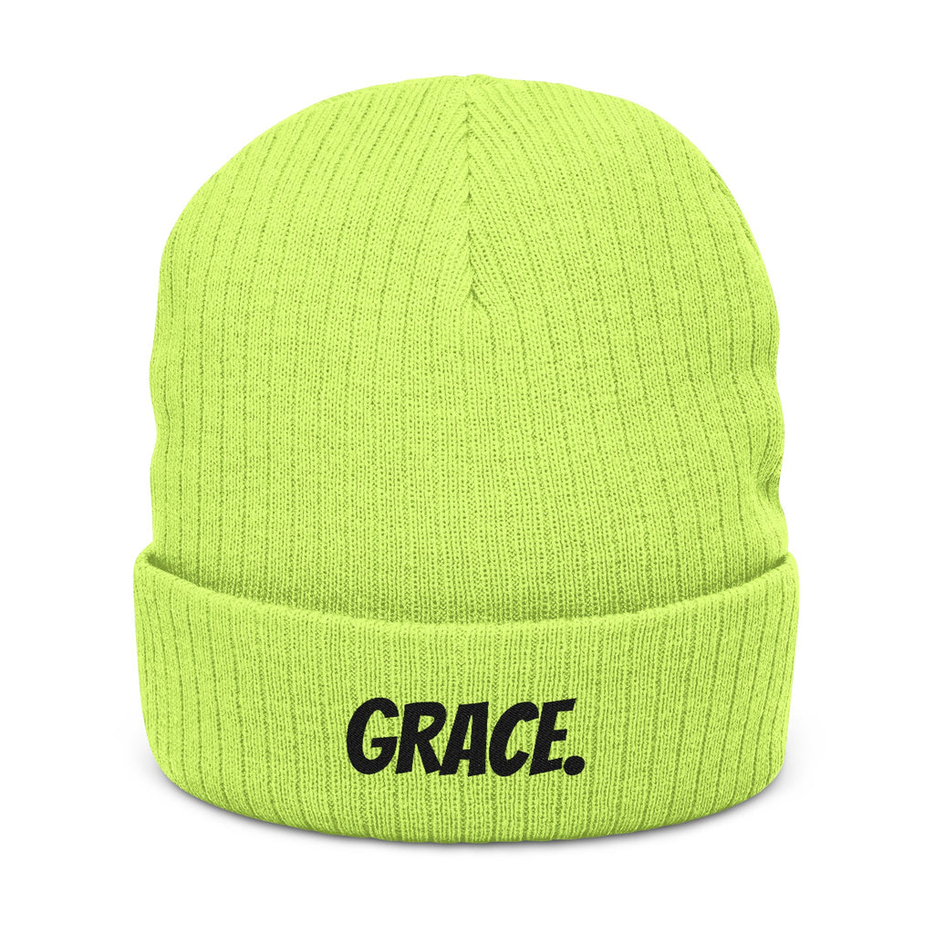 "GRACE." Embroidered Ribbed Knit Beanie