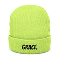"GRACE." Embroidered Ribbed Knit Beanie