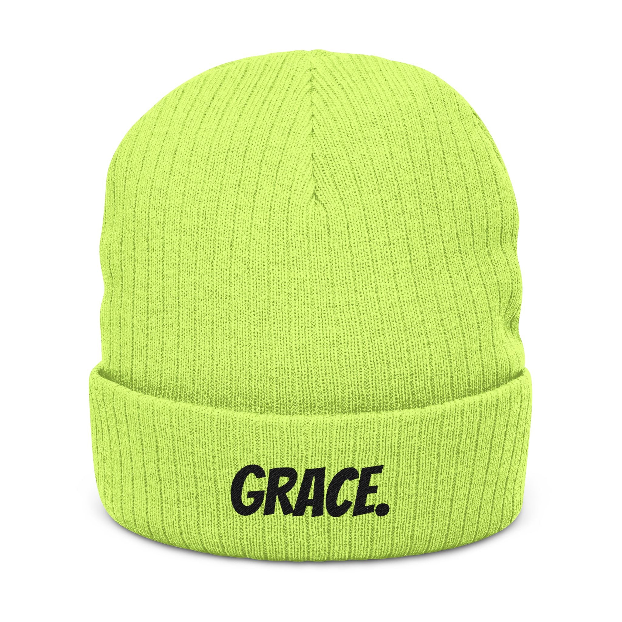 "GRACE." Embroidered Ribbed Knit Beanie