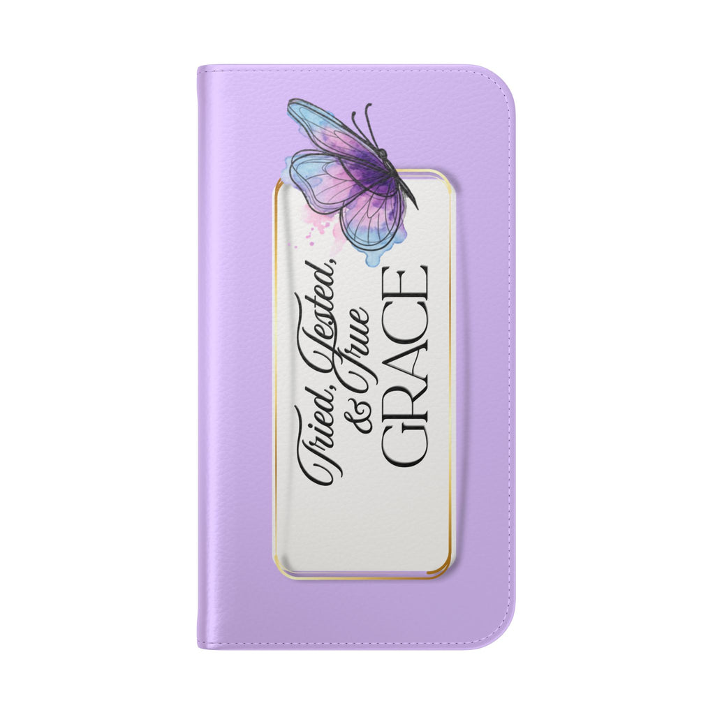 Lavender Flip Phone Case – “Tried, Tested, God’s Given Grace” Wallet Cover