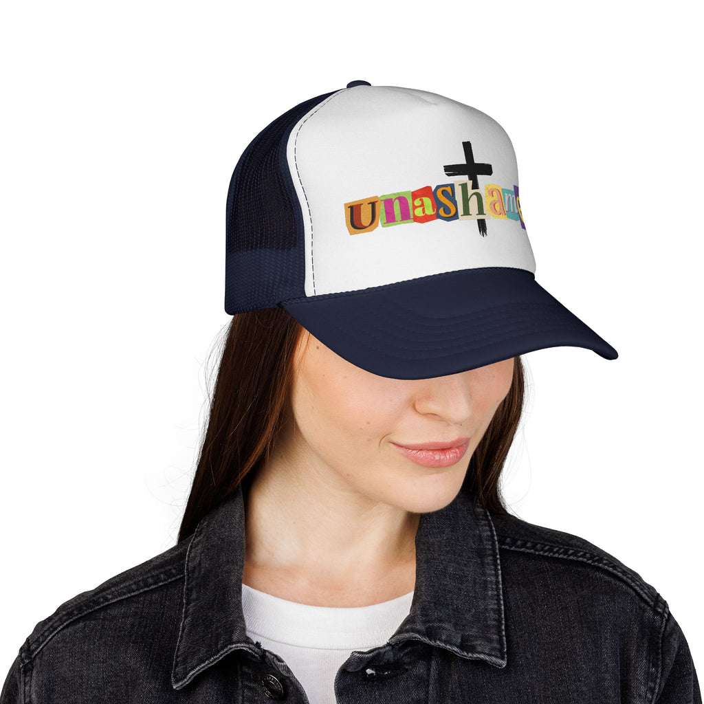 Unashamed Cross Trucker Hat — Bold Color Block Faith Cap