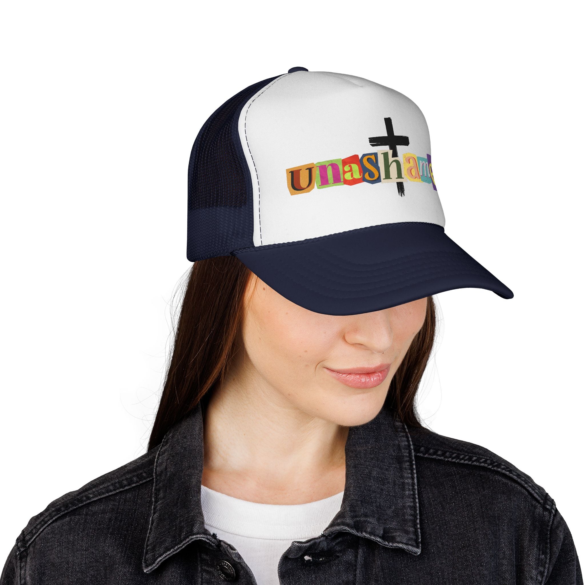 Unashamed Cross Trucker Hat — Bold Color Block Faith Cap