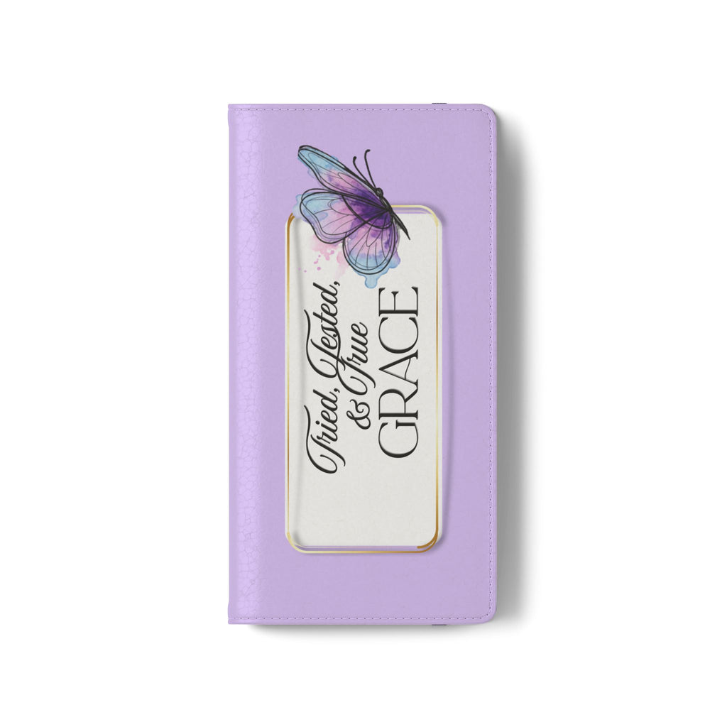 Lavender Flip Phone Case – “Tried, Tested, God’s Given Grace” Wallet Cover