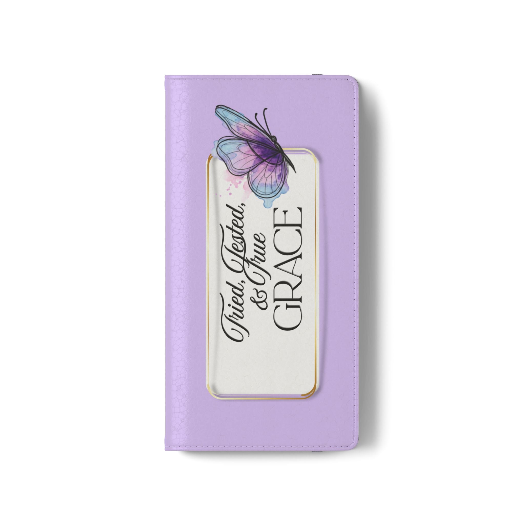 Lavender Flip Phone Case – “Tried, Tested, God’s Given Grace” Wallet Cover