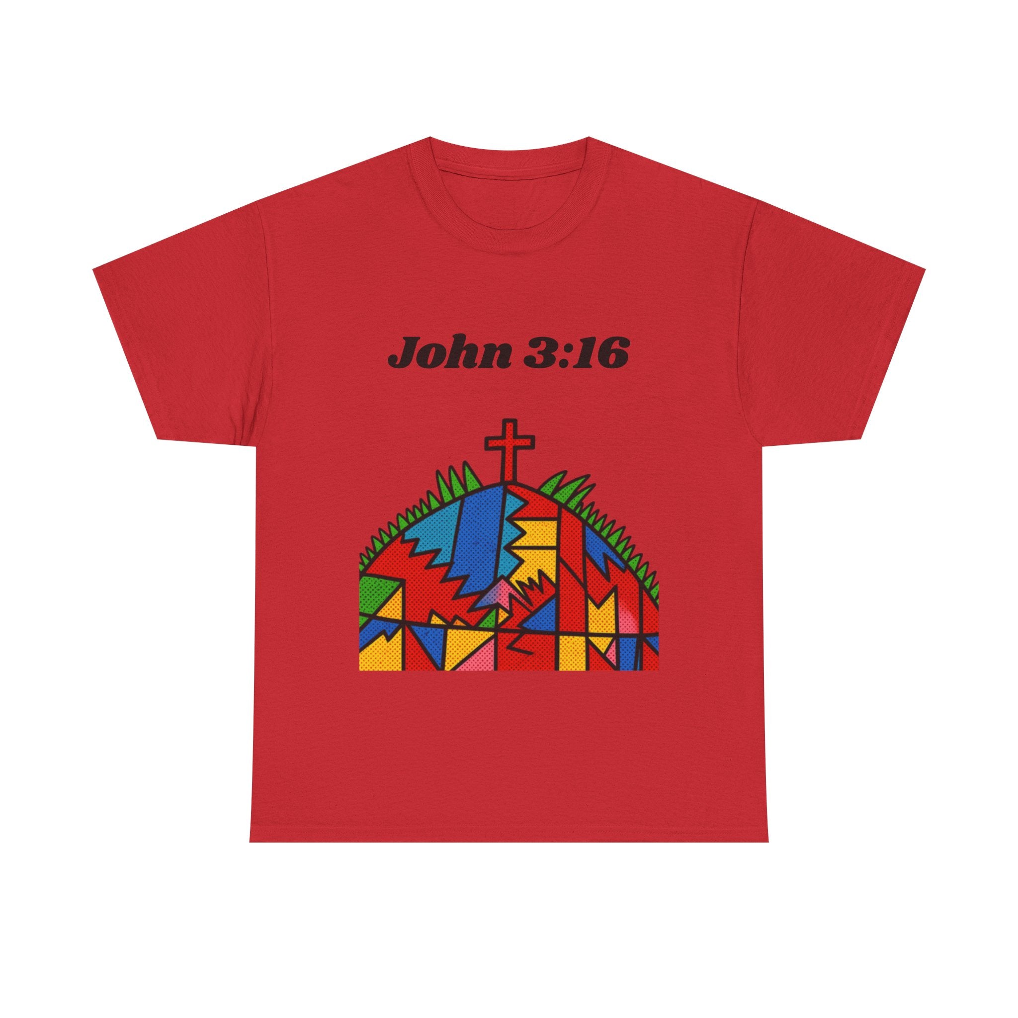 John 3:16 Christian T‑Shirt — Colorful Cross & Hill Faith Tee