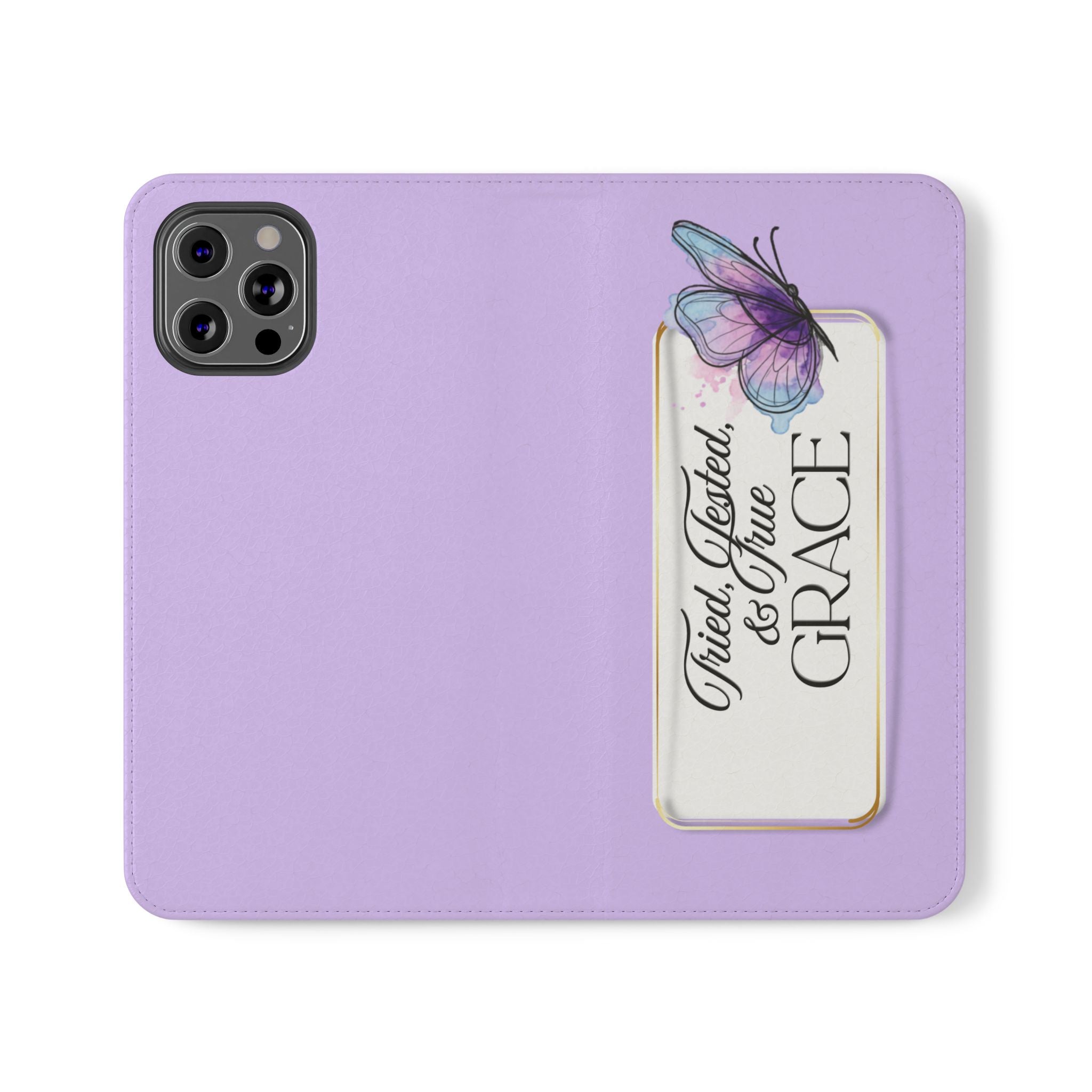Lavender Flip Phone Case – “Tried, Tested, God’s Given Grace” Wallet Cover