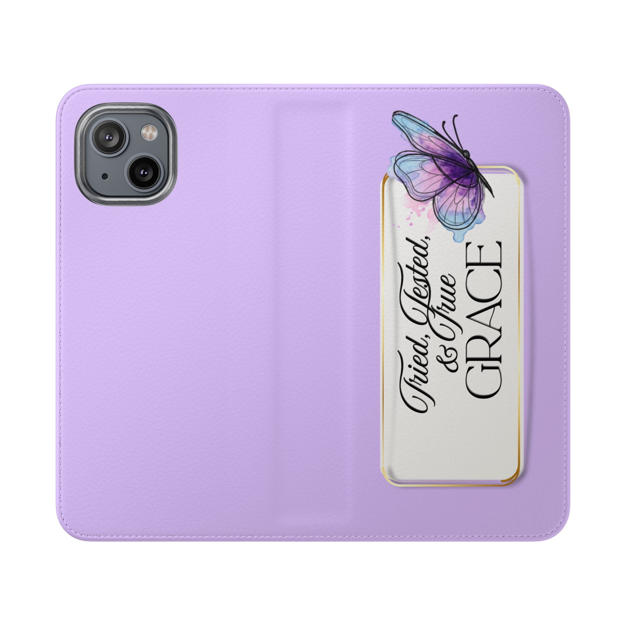 Lavender Flip Phone Case – “Tried, Tested, God’s Given Grace” Wallet Cover