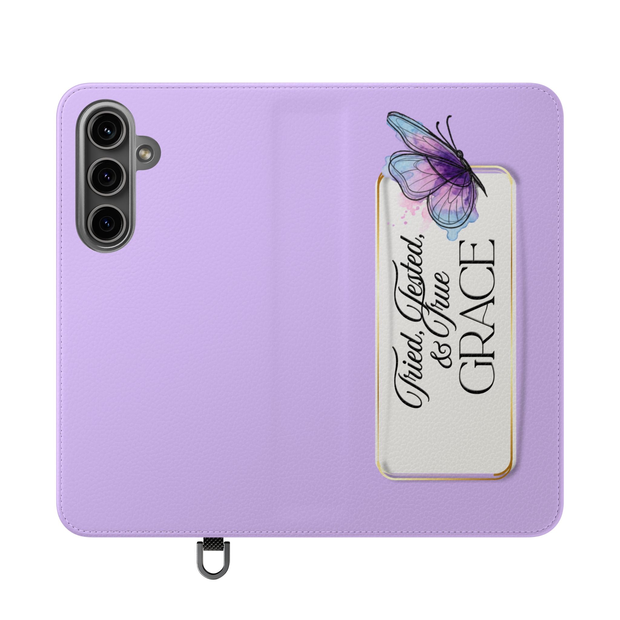 Lavender Flip Phone Case – “Tried, Tested, God’s Given Grace” Wallet Cover