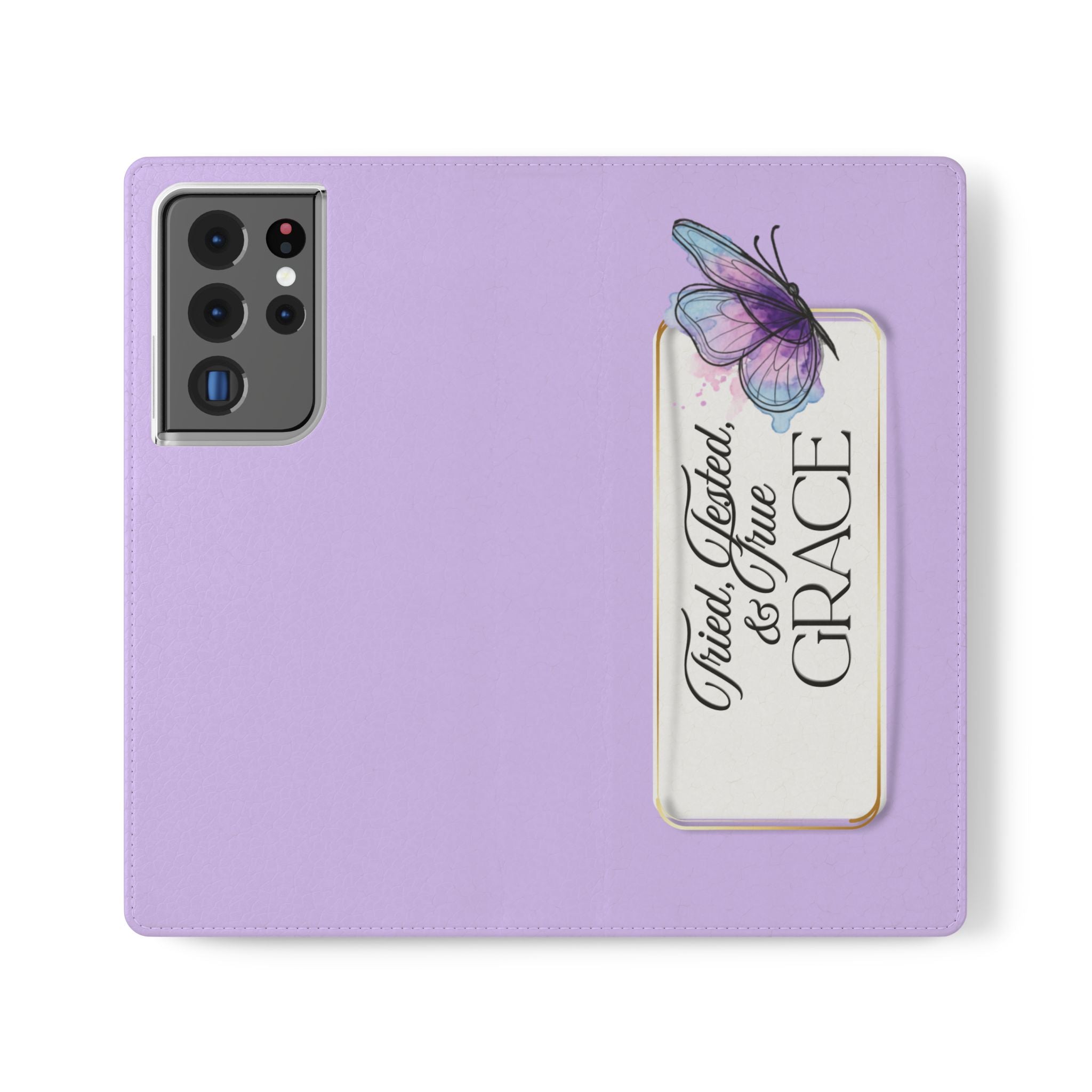 Lavender Flip Phone Case – “Tried, Tested, God’s Given Grace” Wallet Cover